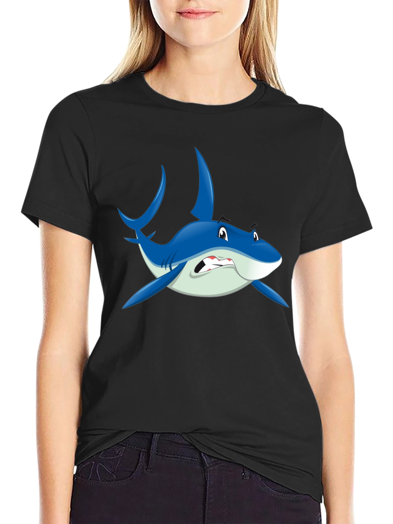 Cartoon Shark Graphic Black T-Shirt
