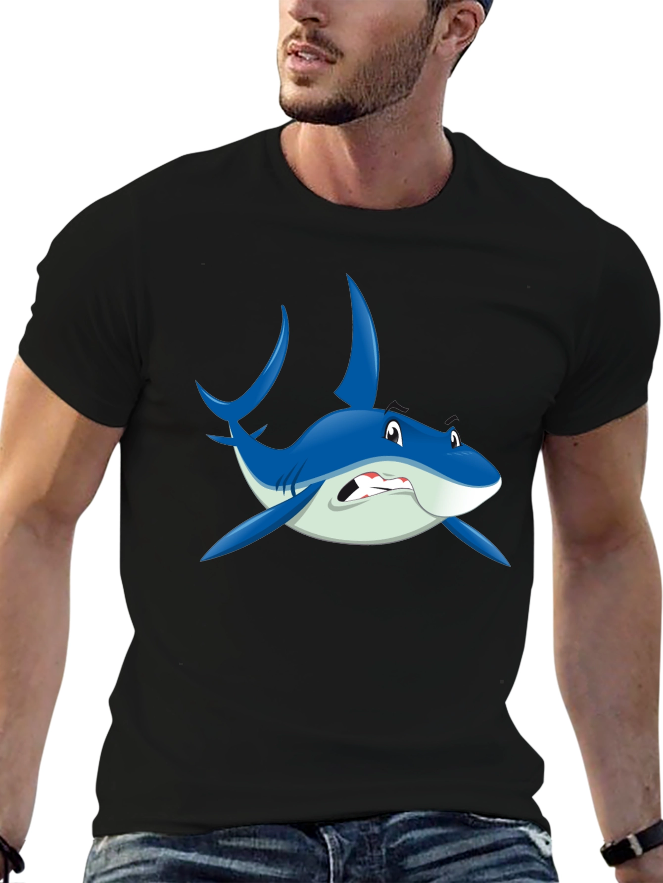 Cartoon Shark Graphic Black T-Shirt