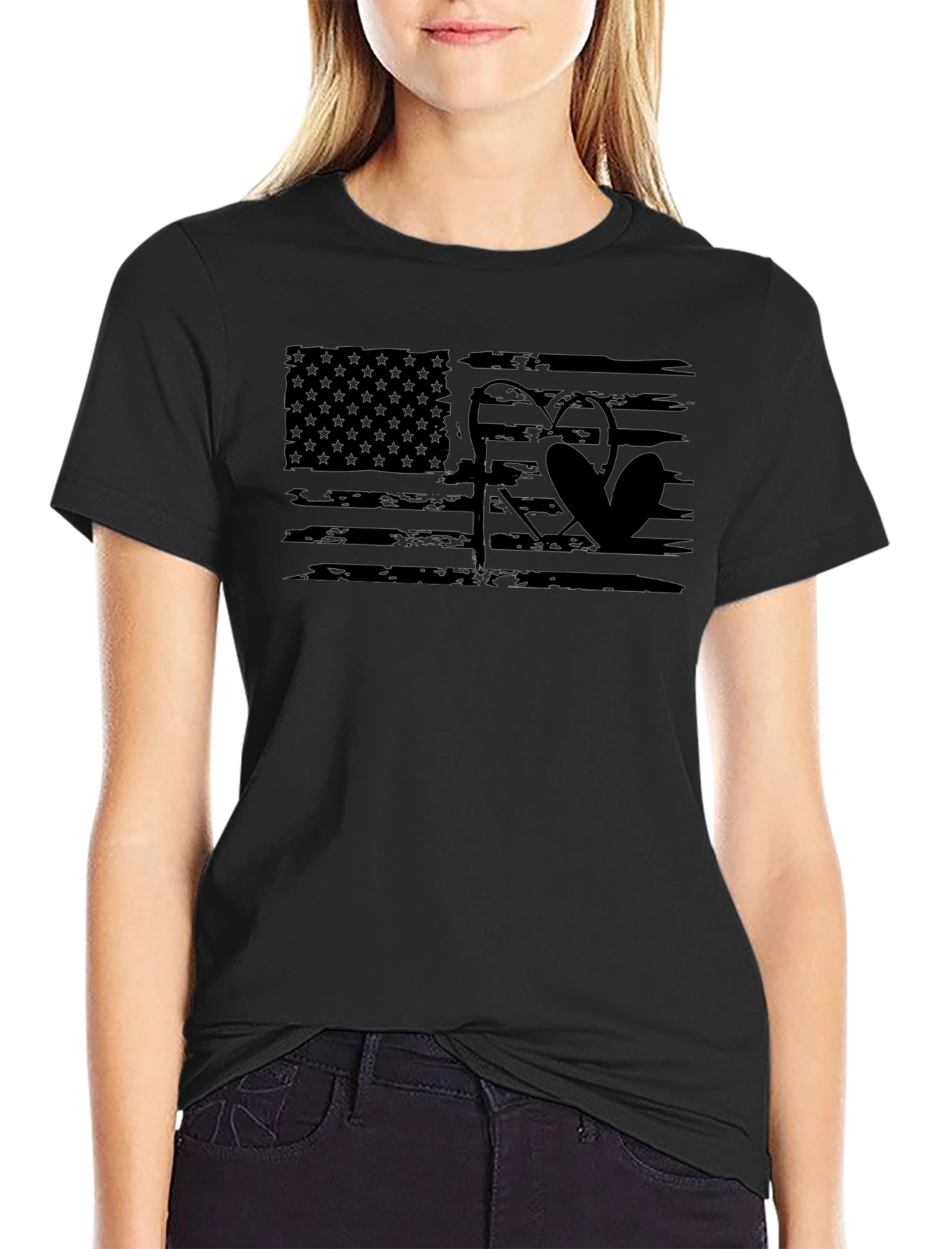 Fishing American Flag Black T-Shirt