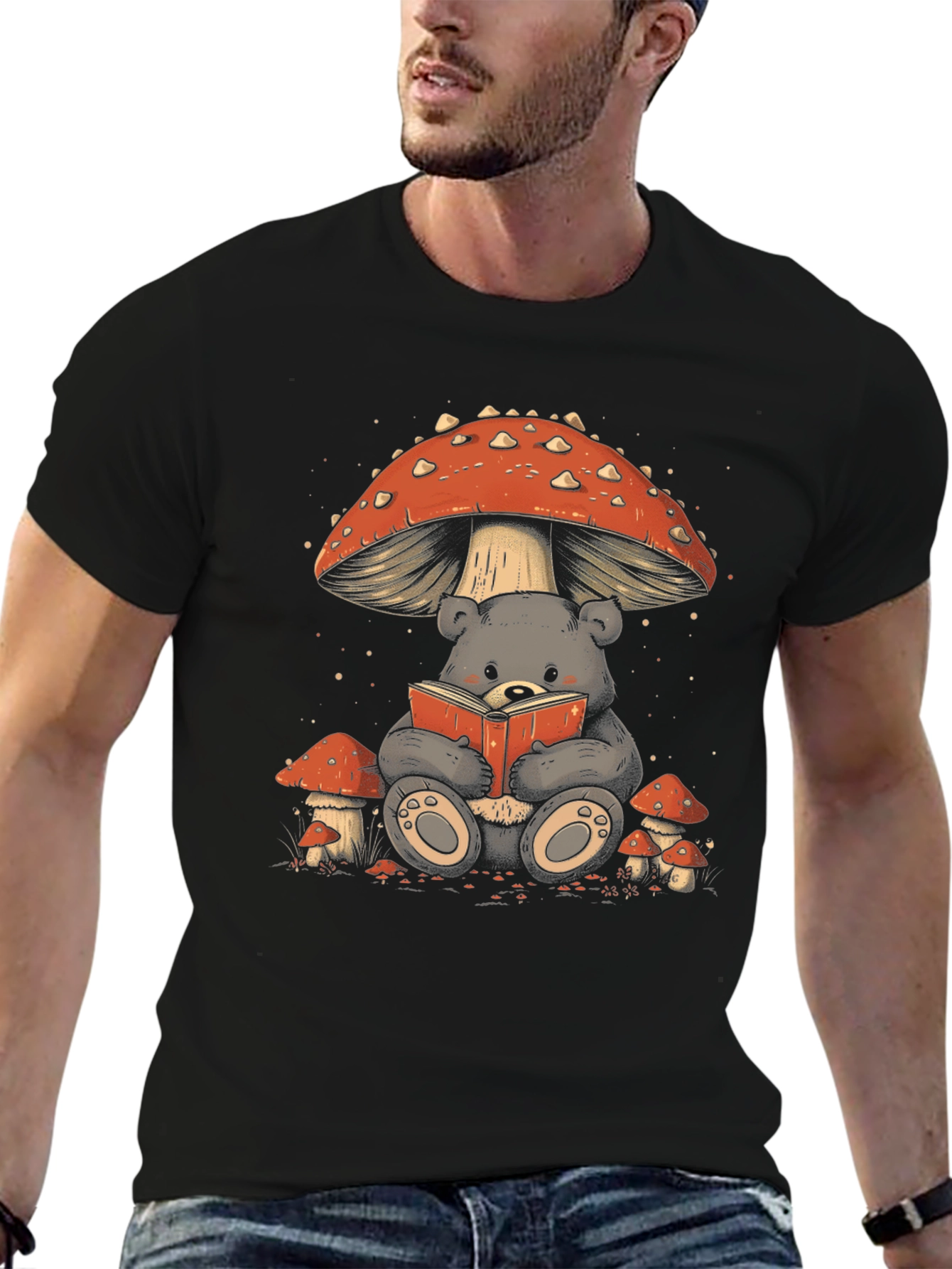 Whimsical Bear Reading Under Mushroom T-Shirt