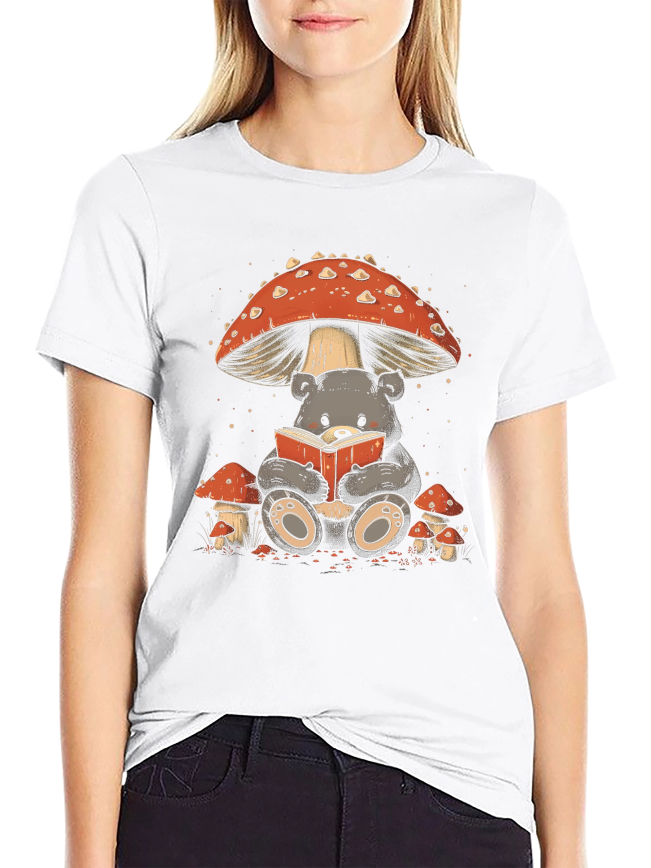 Whimsical Bear Reading Under Mushroom T-Shirt