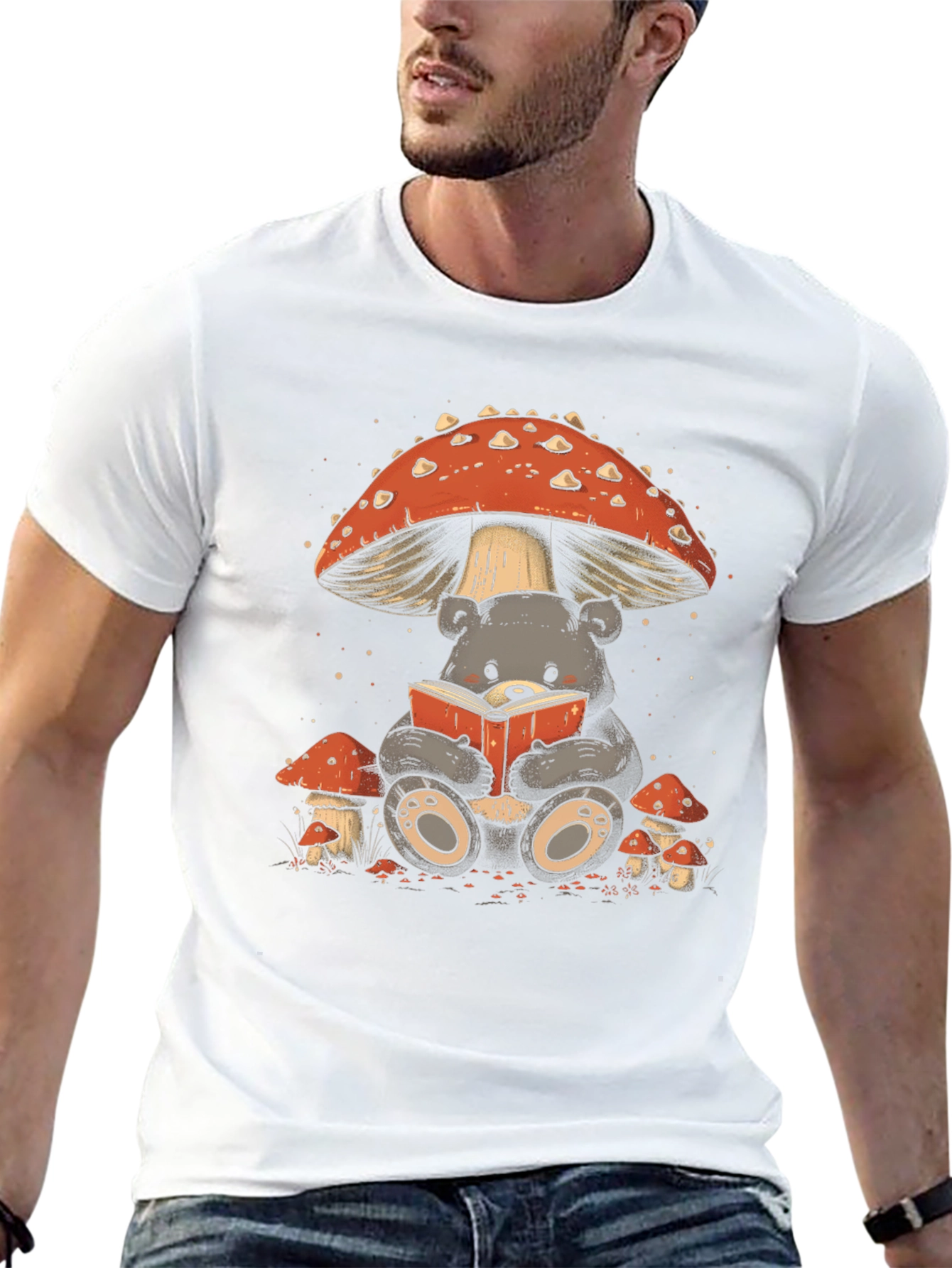 Whimsical Bear Reading Under Mushroom T-Shirt