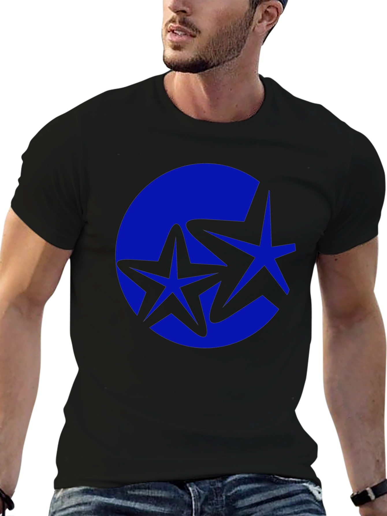 Stylish Black Tee with Blue Starburst Graphic