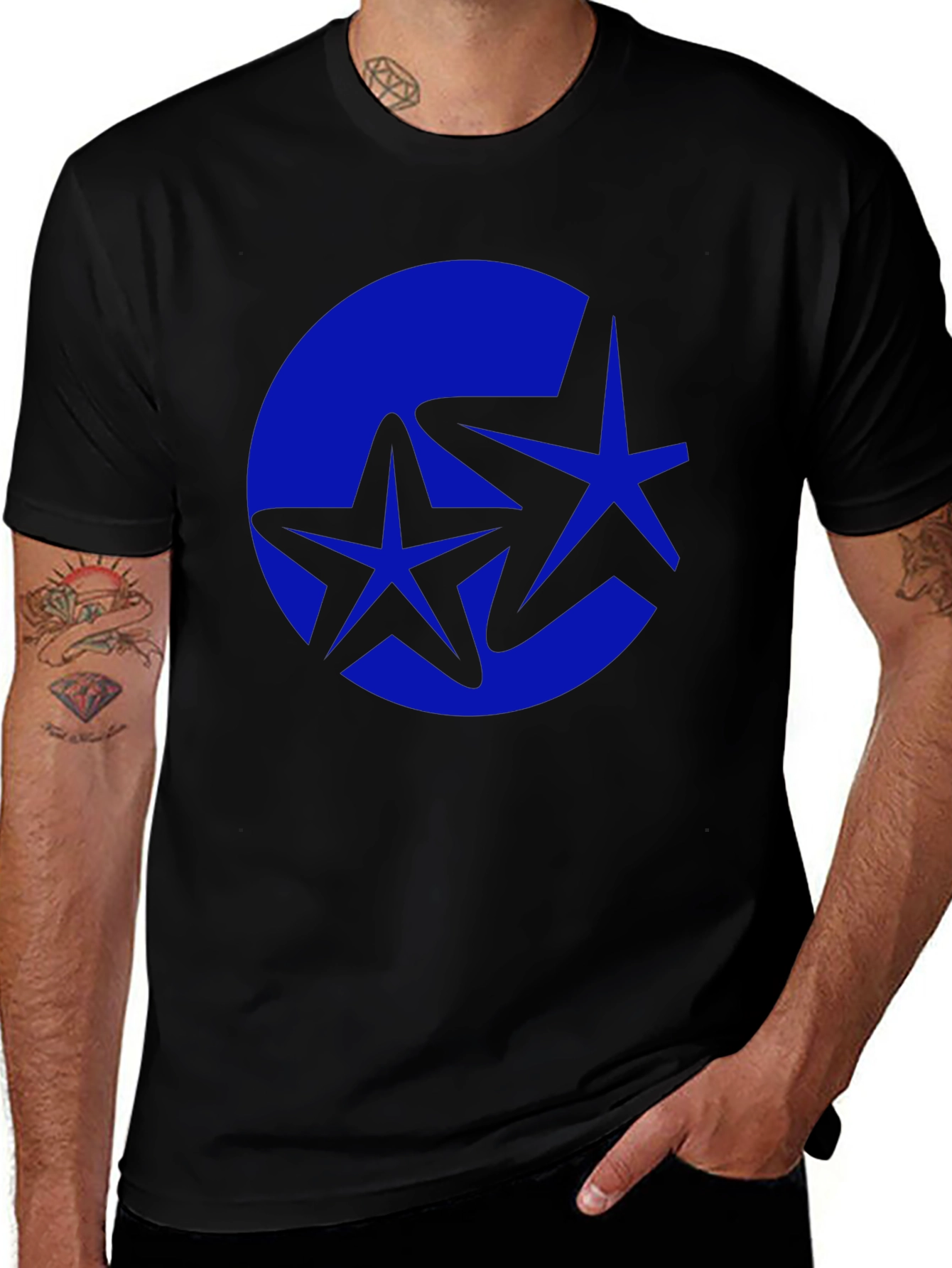 Stylish Black Tee with Blue Starburst Graphic