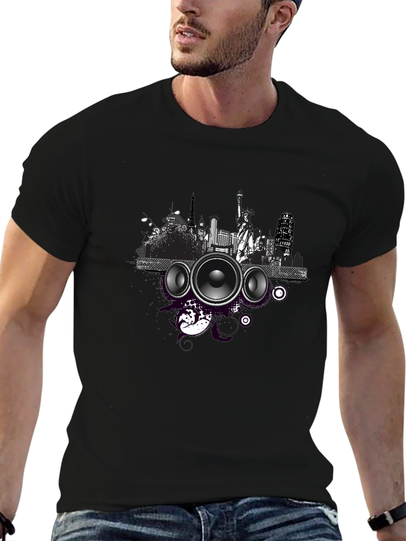Cityscape Speaker Graphic T-Shirt - Black