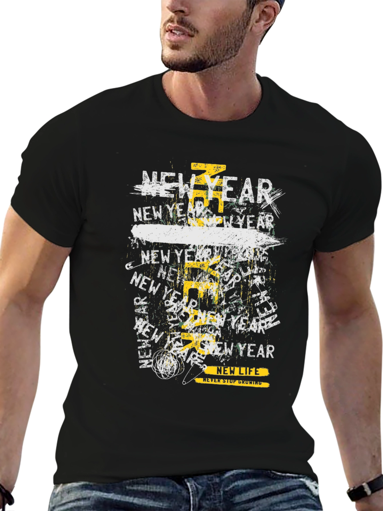 New Year Graphic Print Black T-Shirt