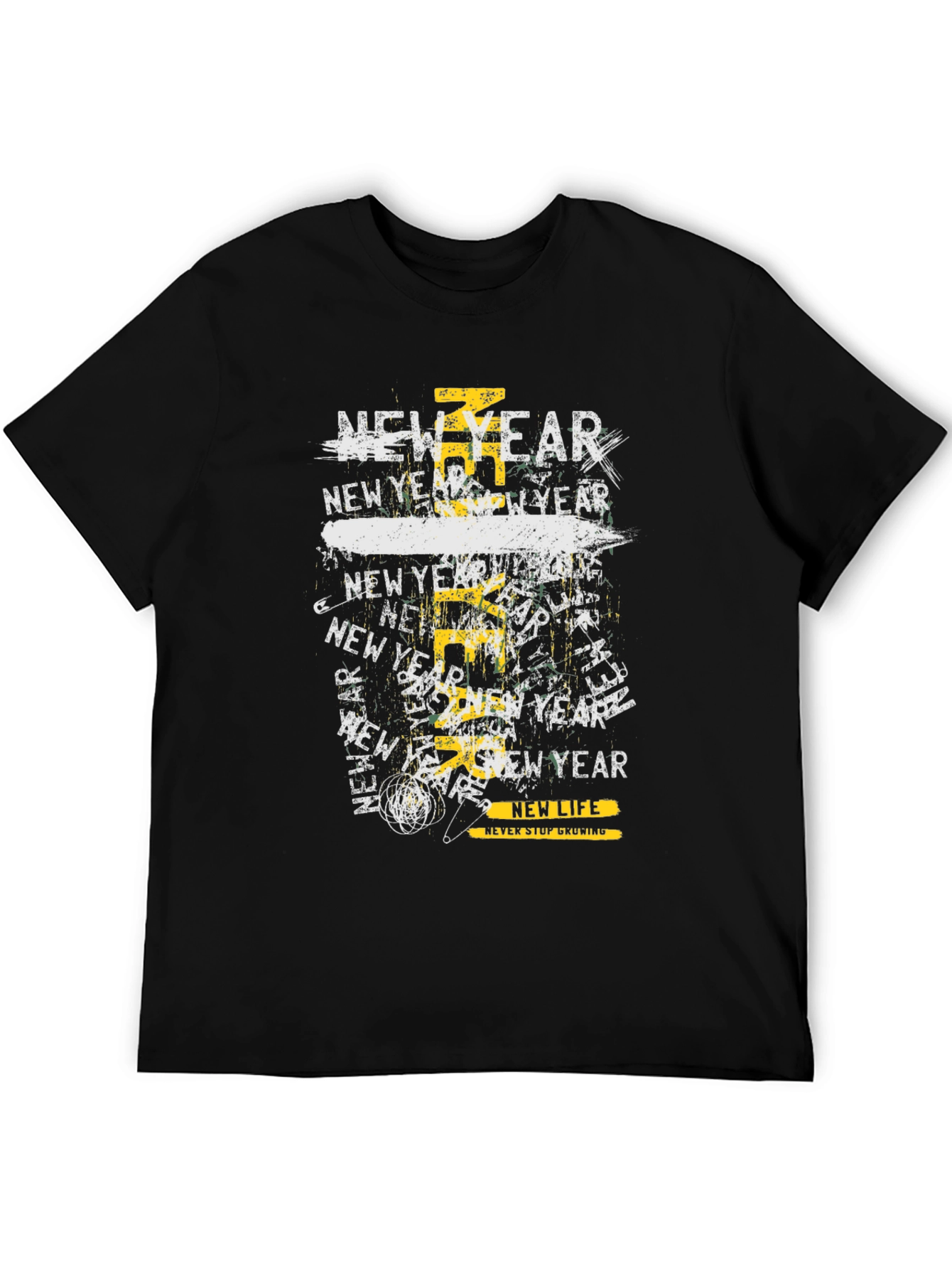 New Year Graphic Print Black T-Shirt