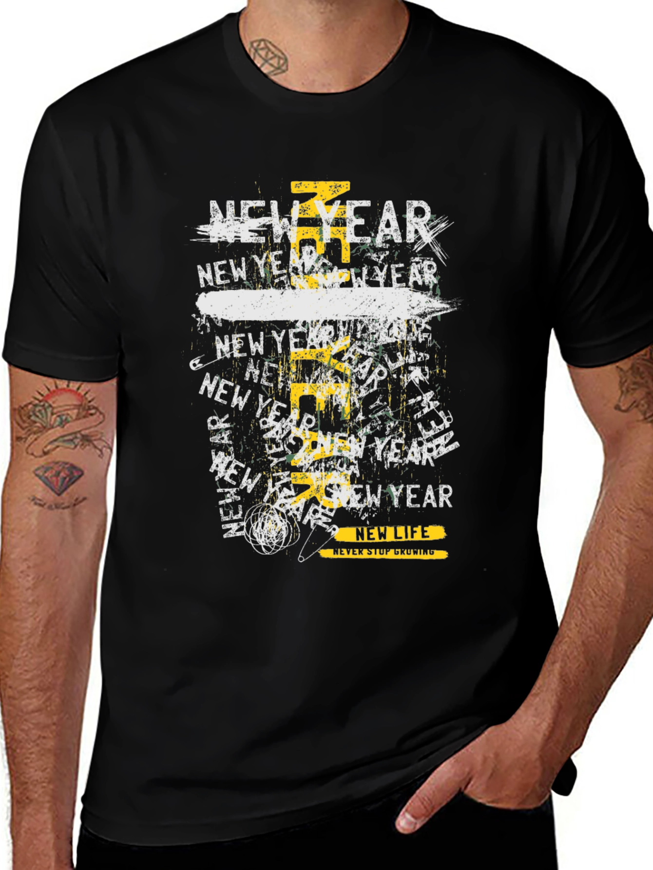 New Year Graphic Print Black T-Shirt