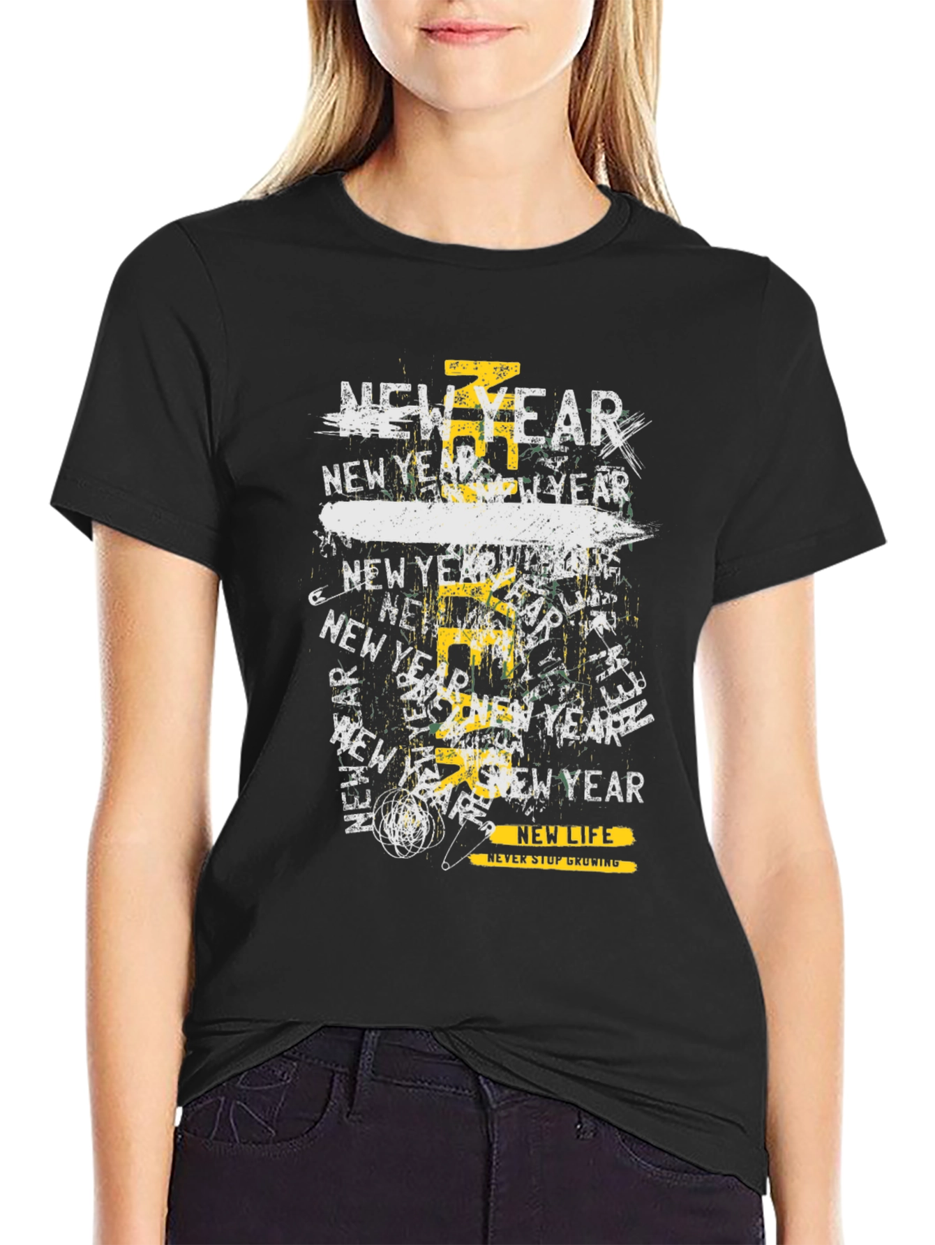 New Year Graphic Print Black T-Shirt