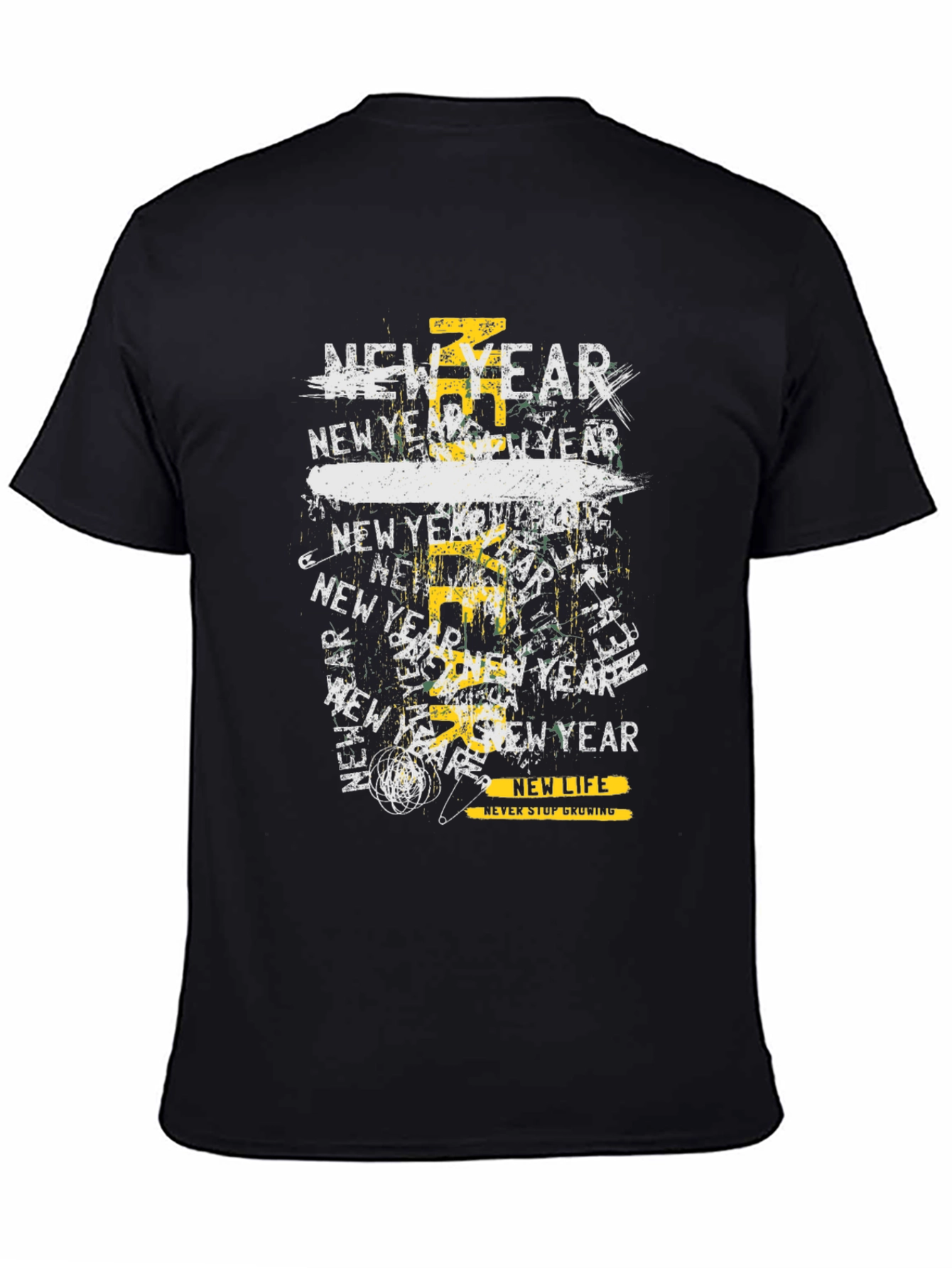 New Year Graphic Print Black T-Shirt