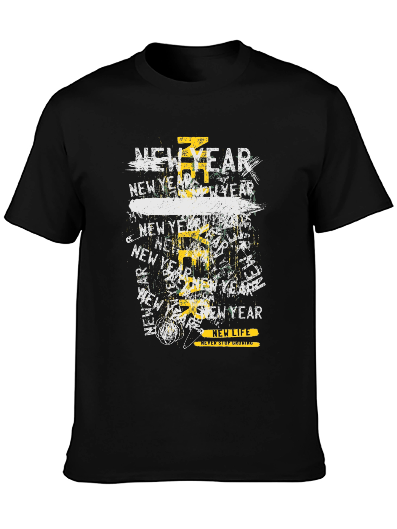 New Year Graphic Print Black T-Shirt
