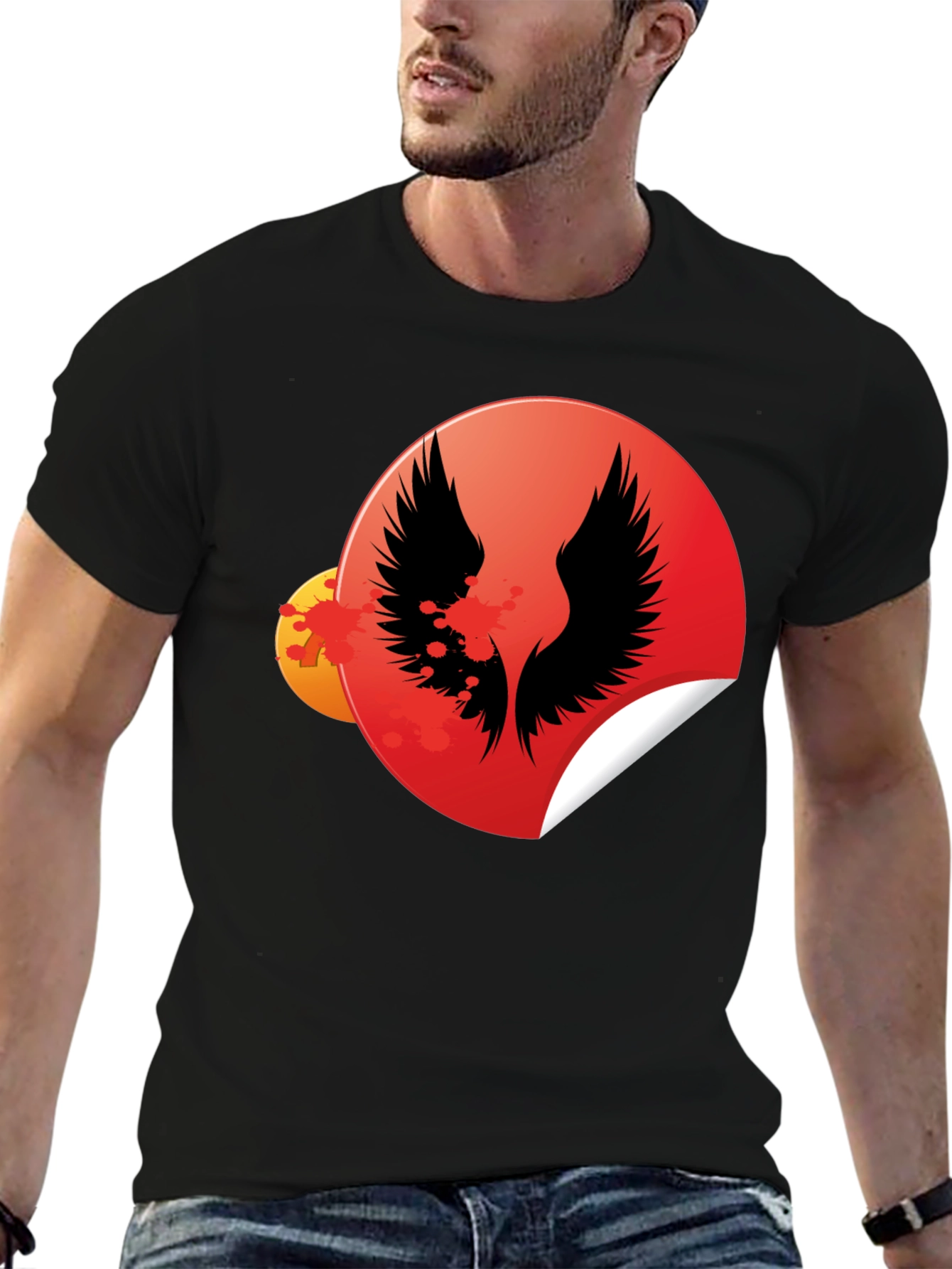 Black Graphic Tee - Wings Circle Design