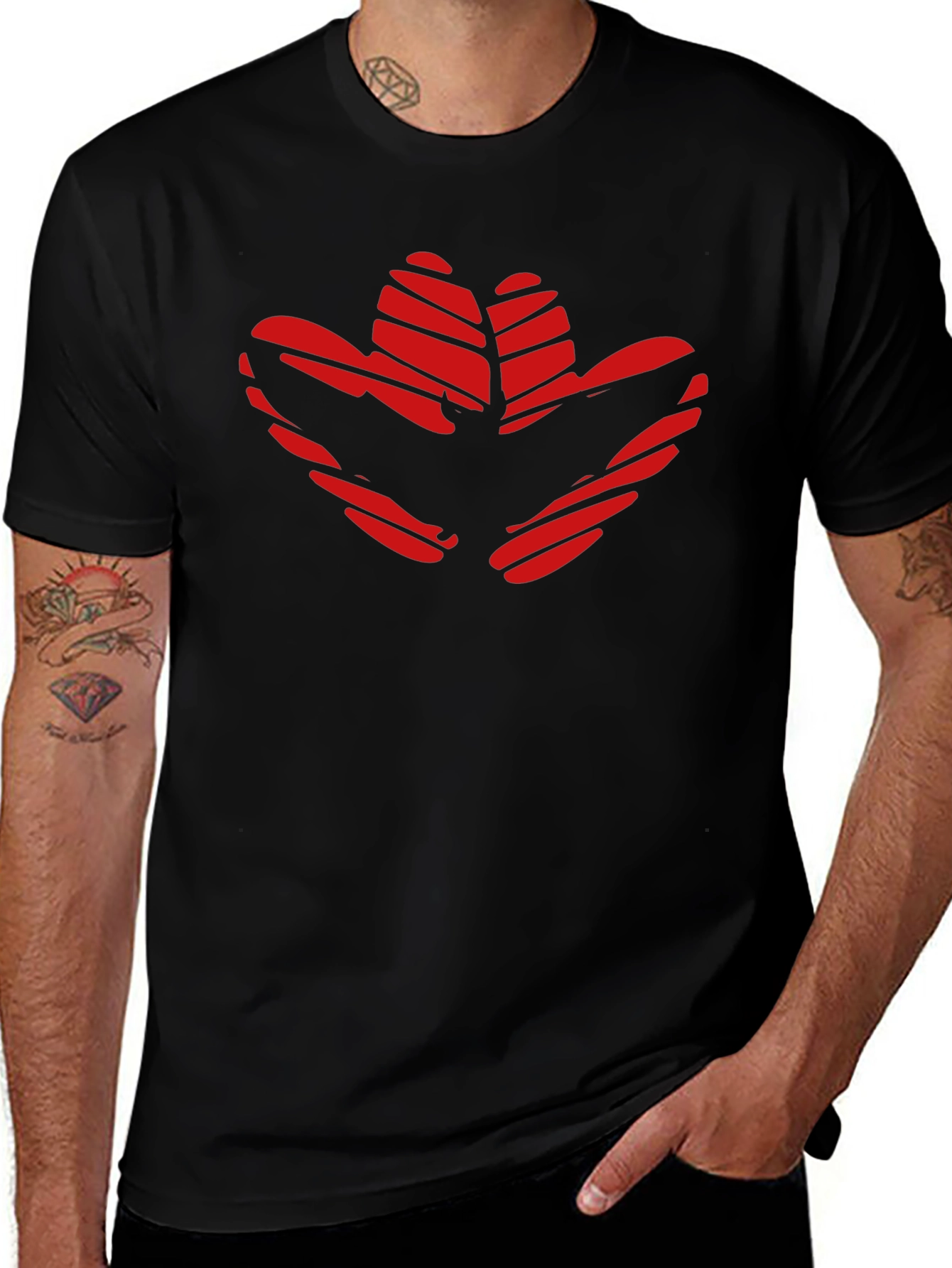 Red Flower Print Black T-Shirt