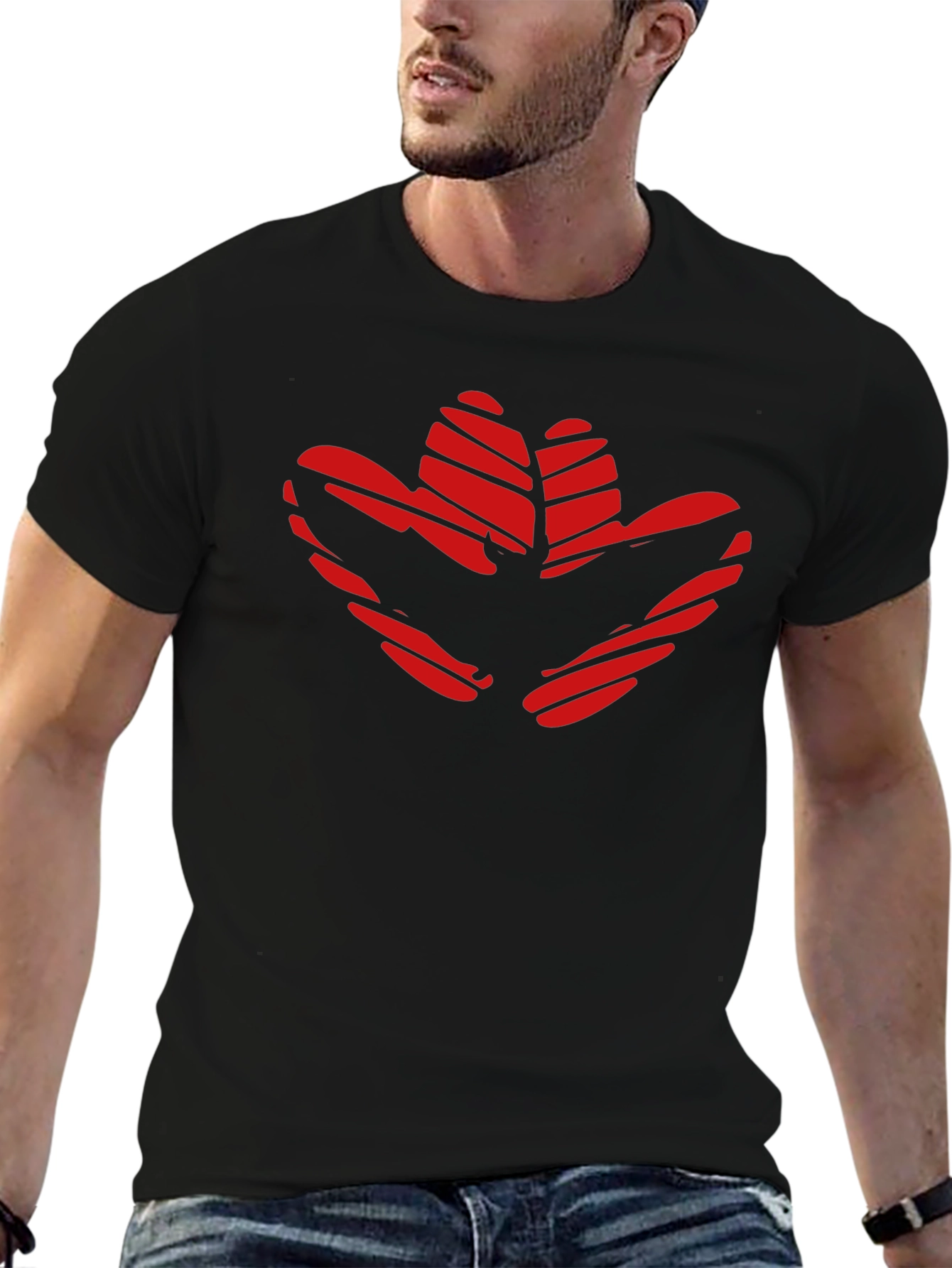 Red Flower Print Black T-Shirt