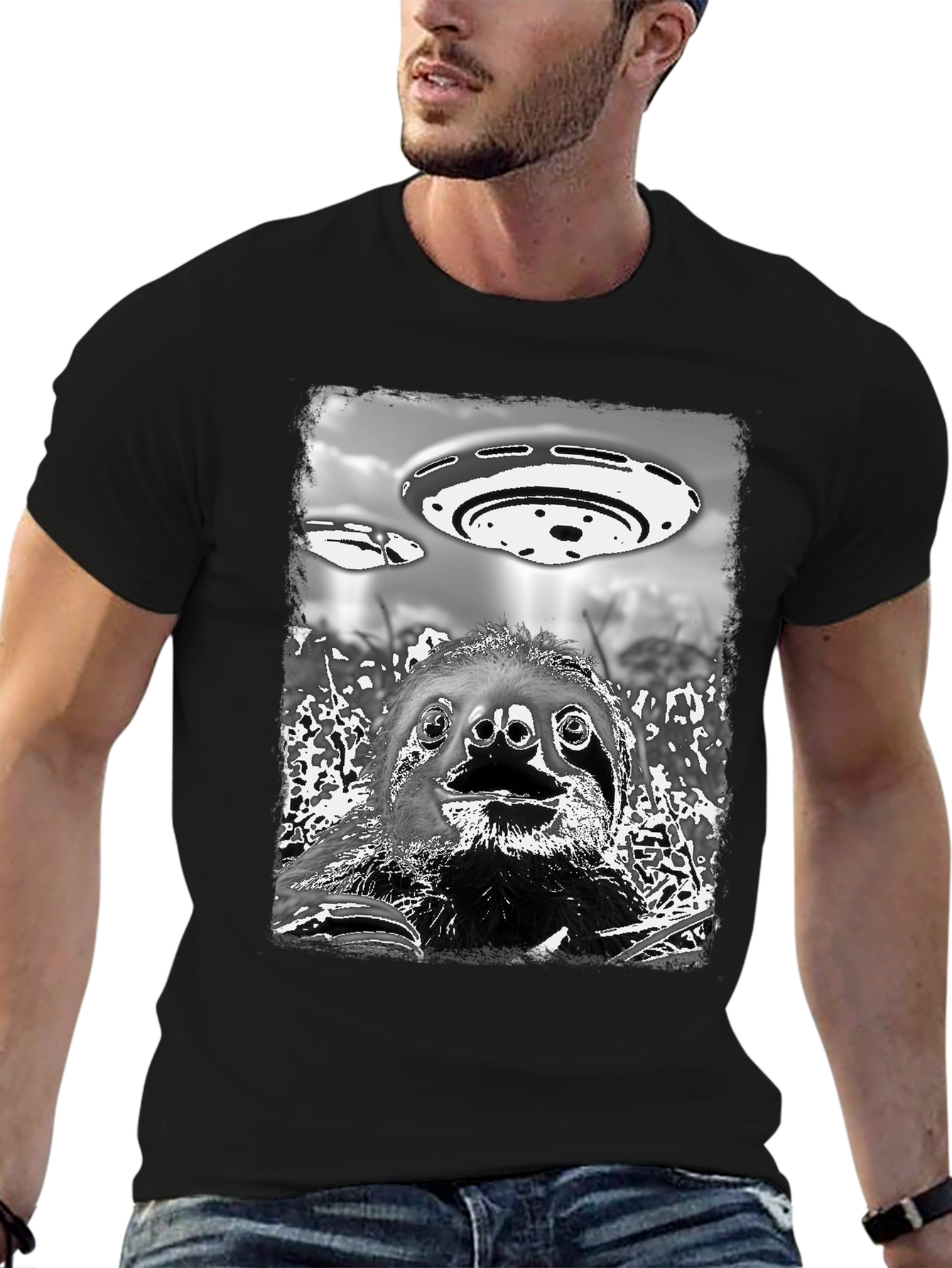 Sloth Alien Abduction Graphic Tee - Black