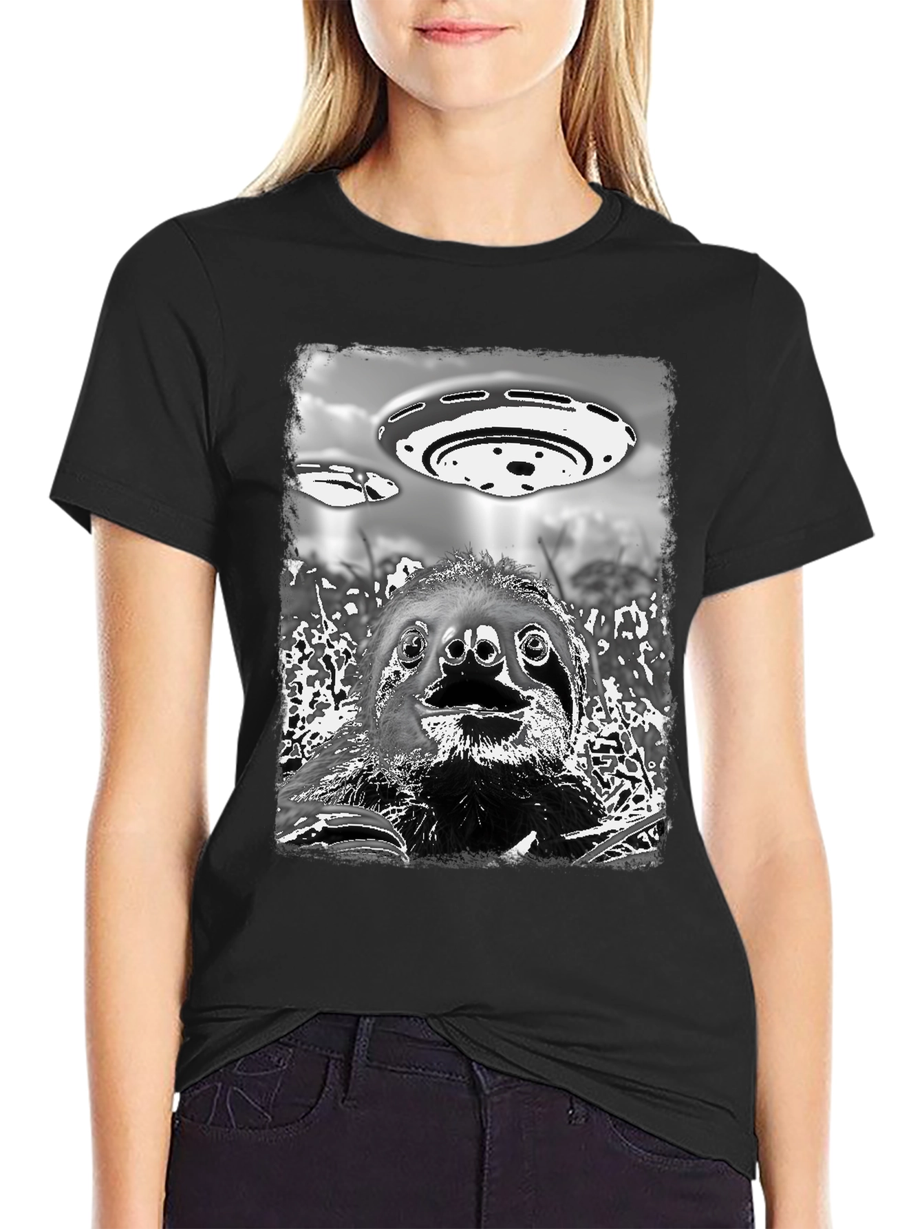 Sloth Alien Abduction Graphic Tee - Black