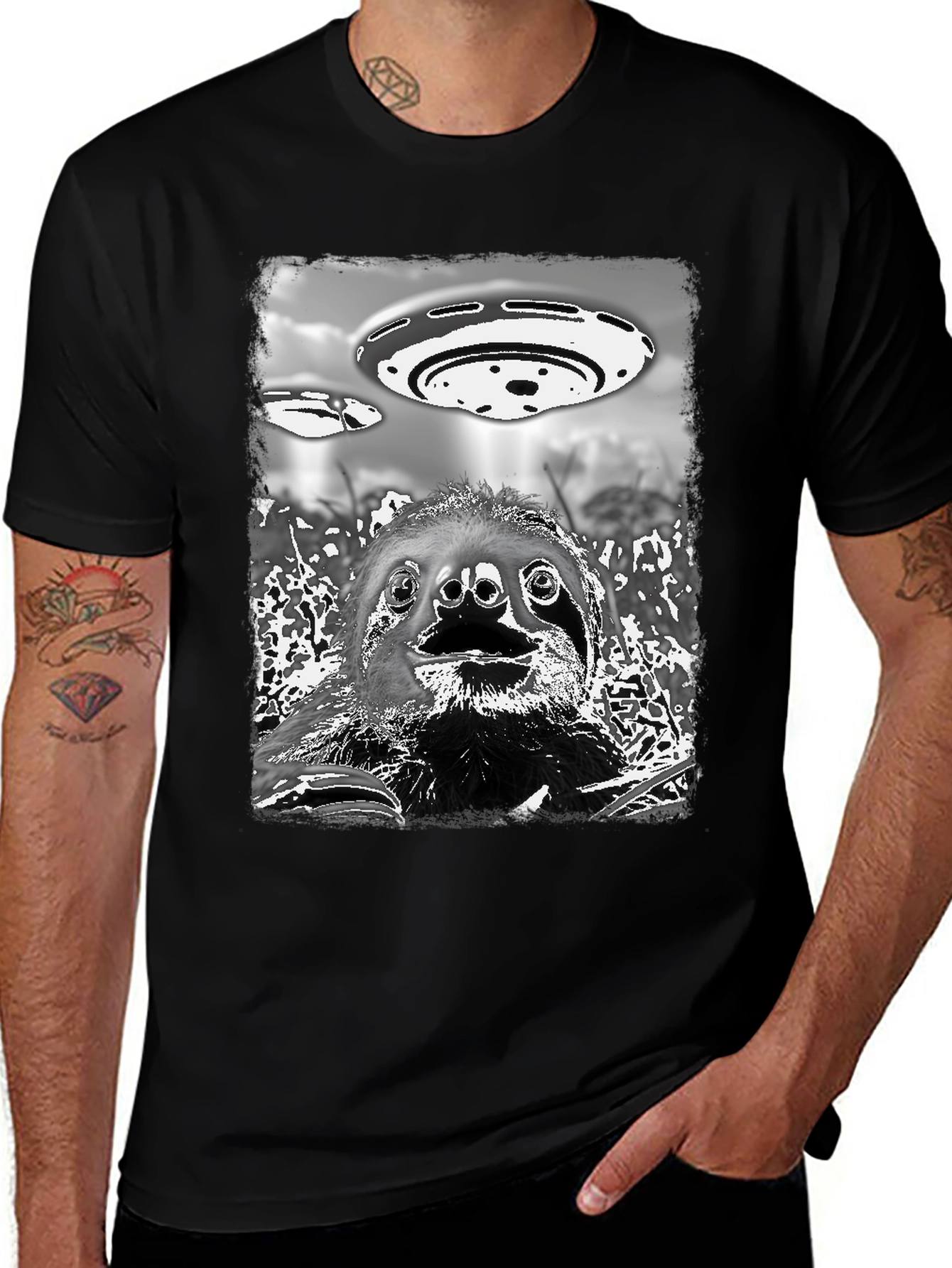 Sloth Alien Abduction Graphic Tee - Black