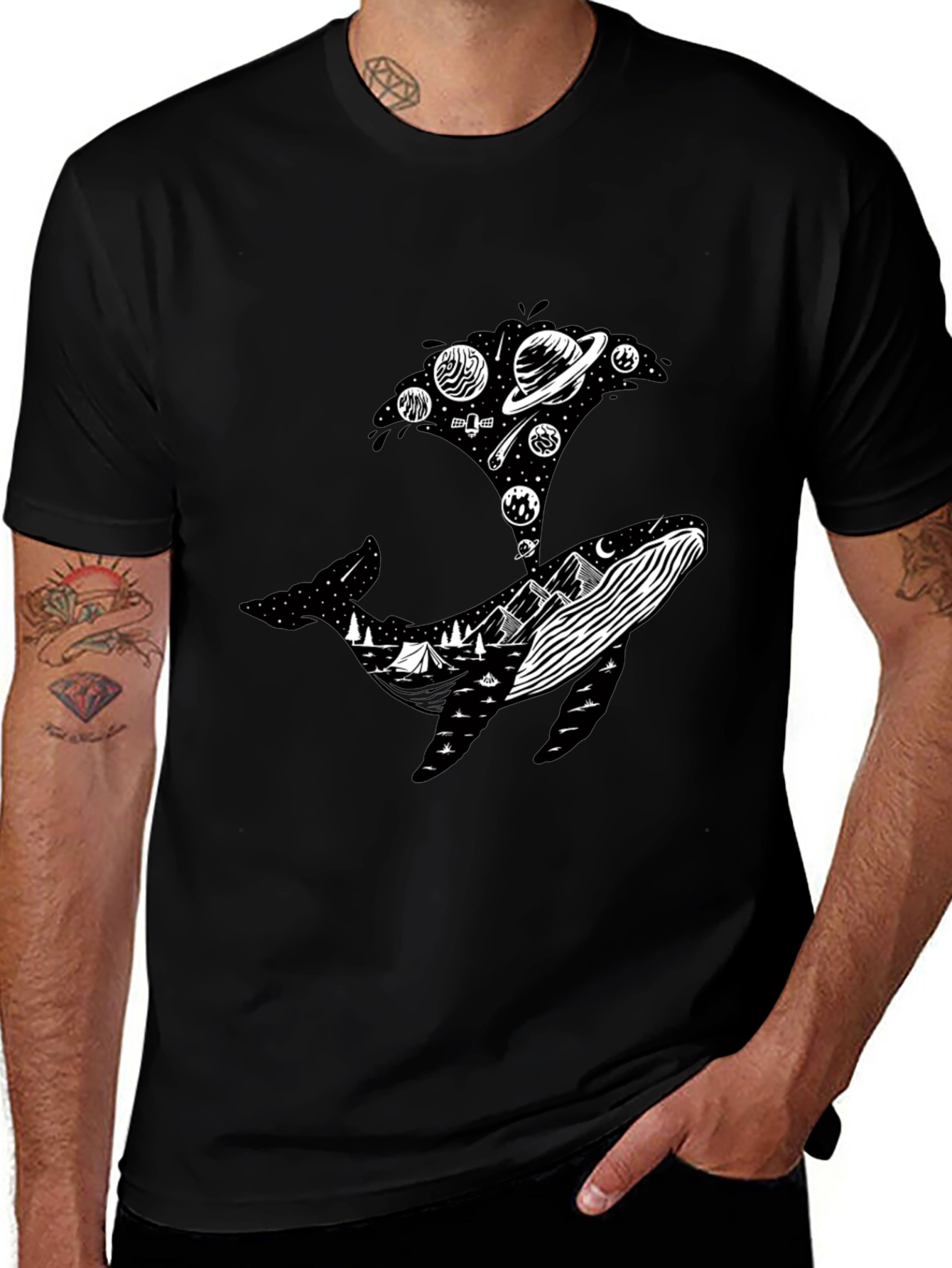 Whale Universe Graphic Tee - Mens Black T-Shirt