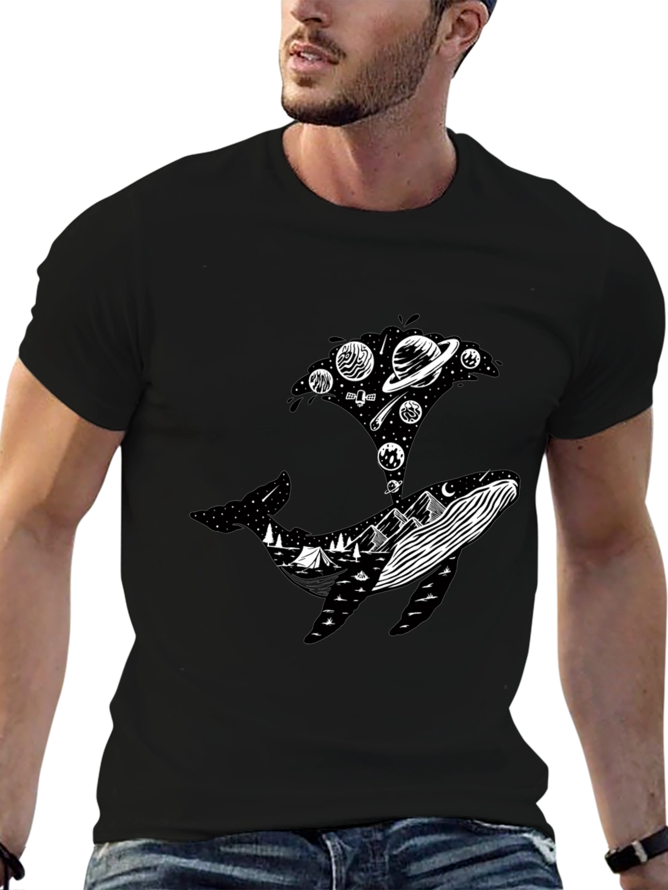 Whale Universe Graphic Tee - Mens Black T-Shirt