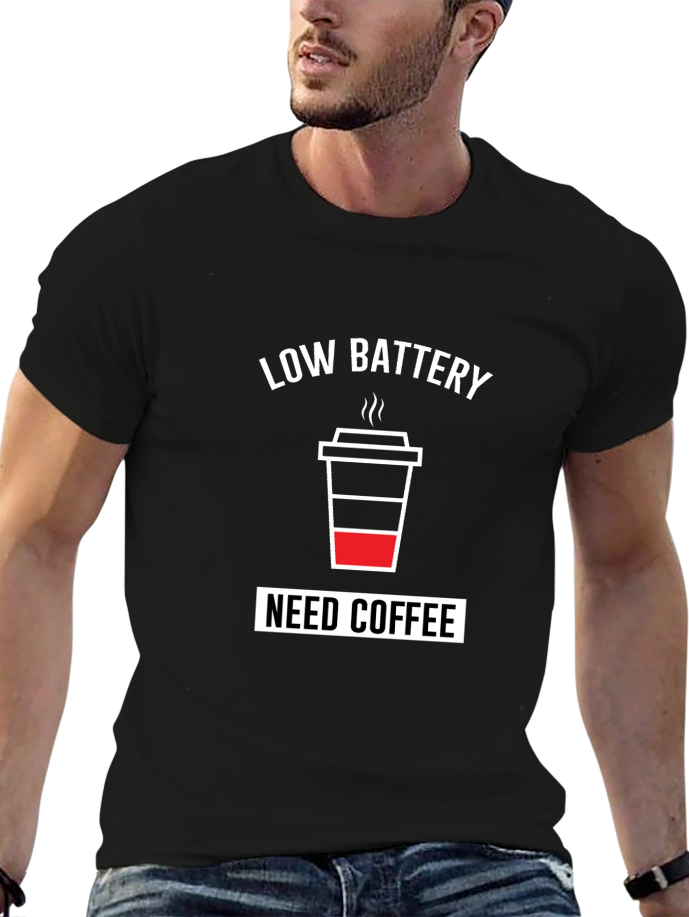 Low Battery Need Coffee Mens Black T-Shirt