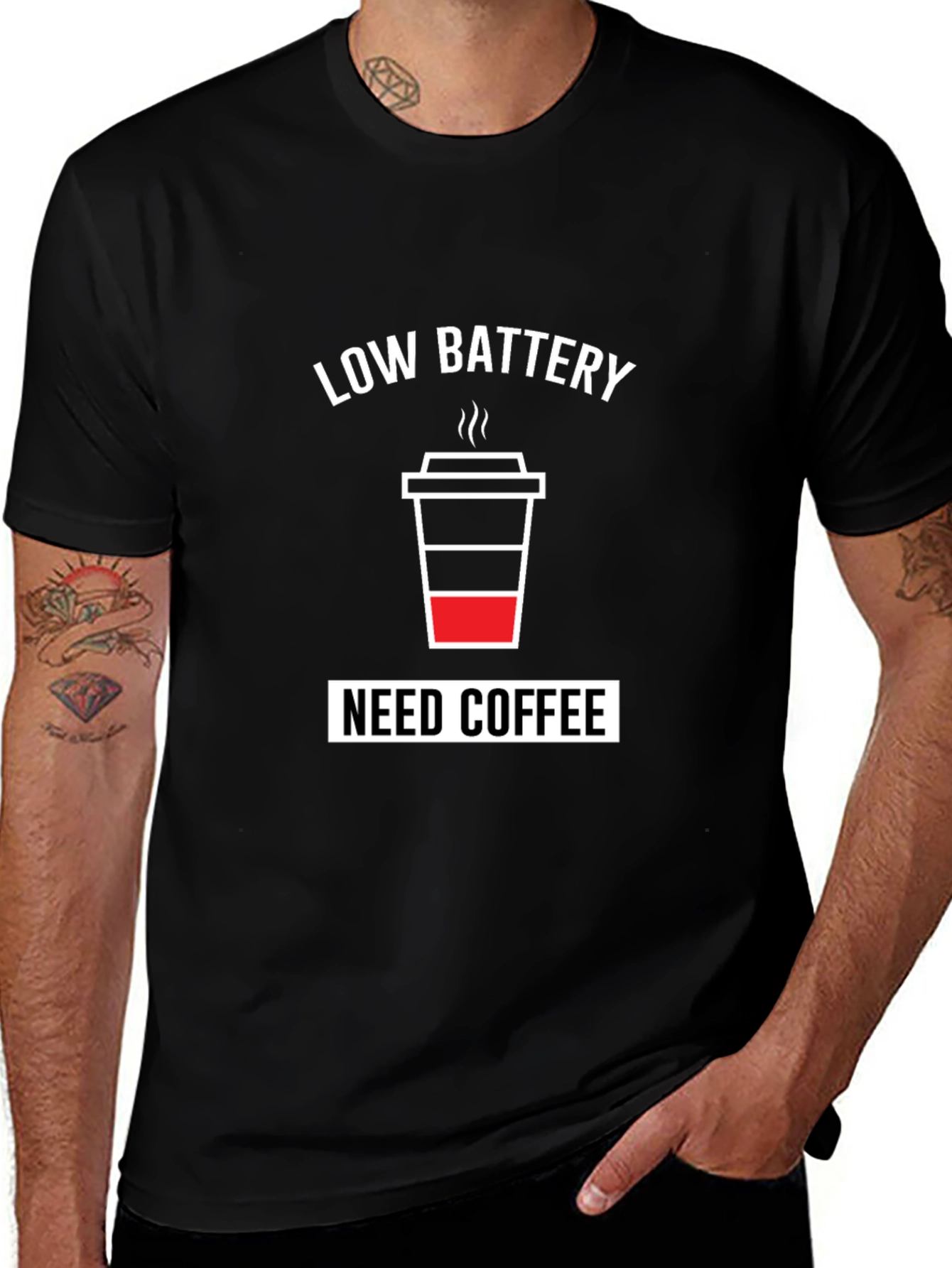 Low Battery Need Coffee Mens Black T-Shirt