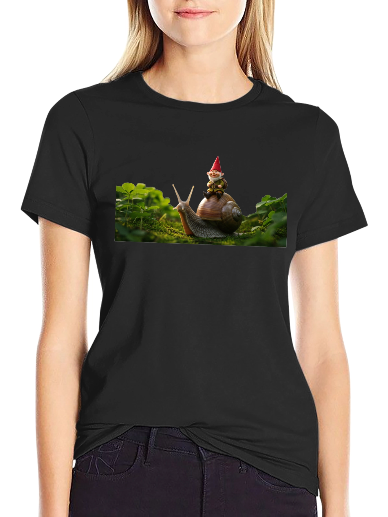 Gnome Riding Snail Black T-Shirt