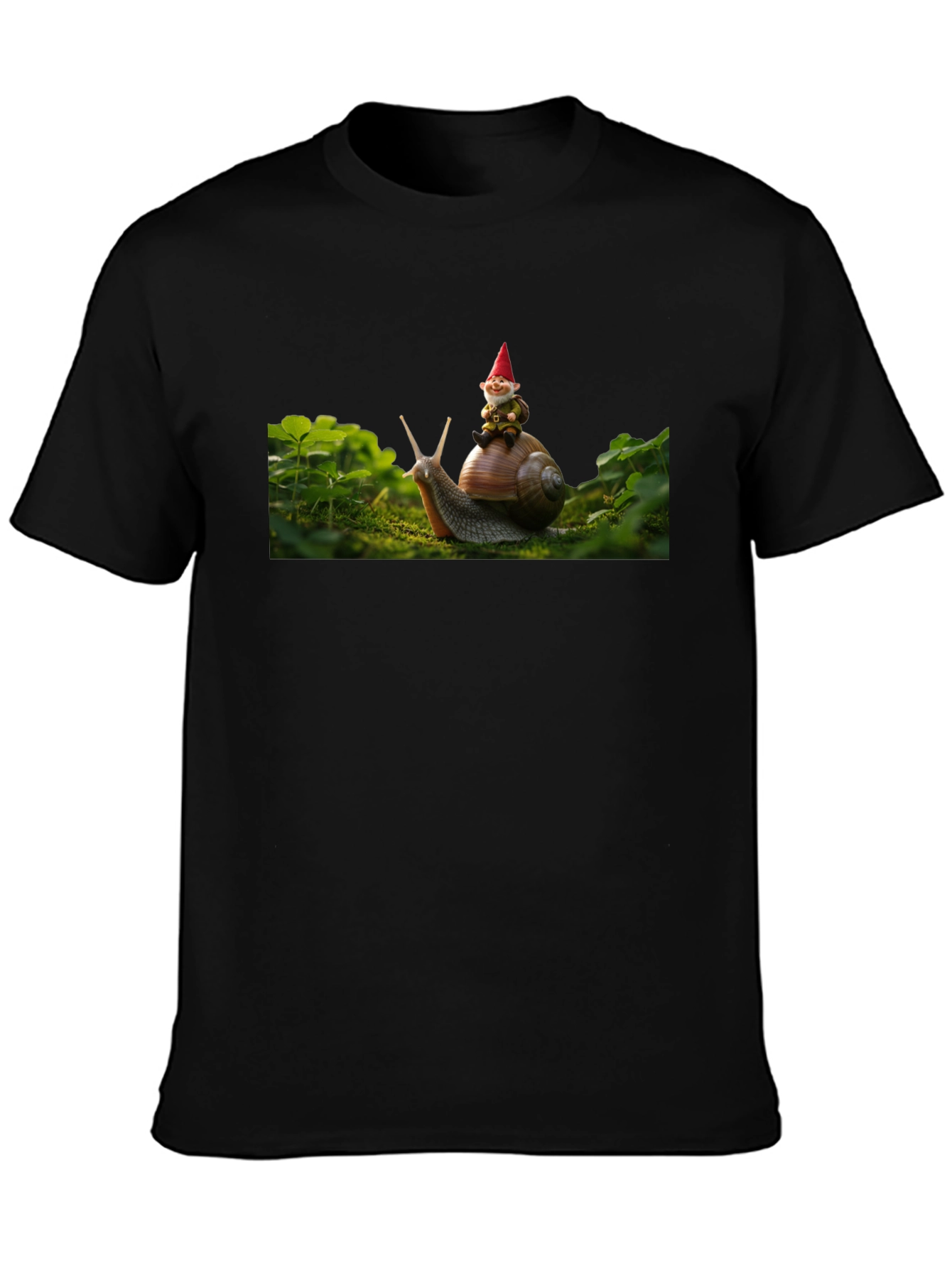 Gnome Riding Snail Black T-Shirt