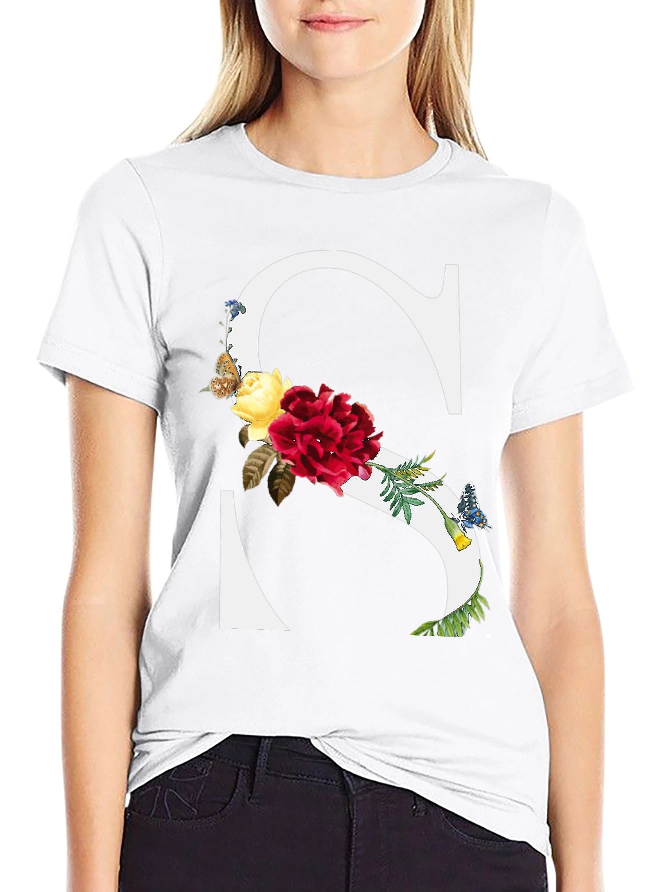 Floral Letter S Black T-Shirt