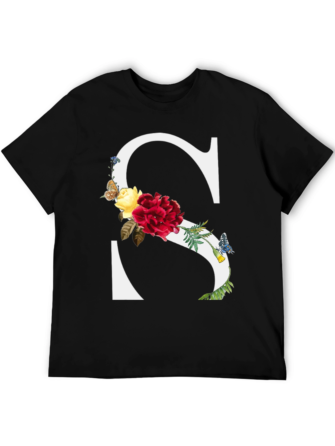 Floral Letter S Black T-Shirt