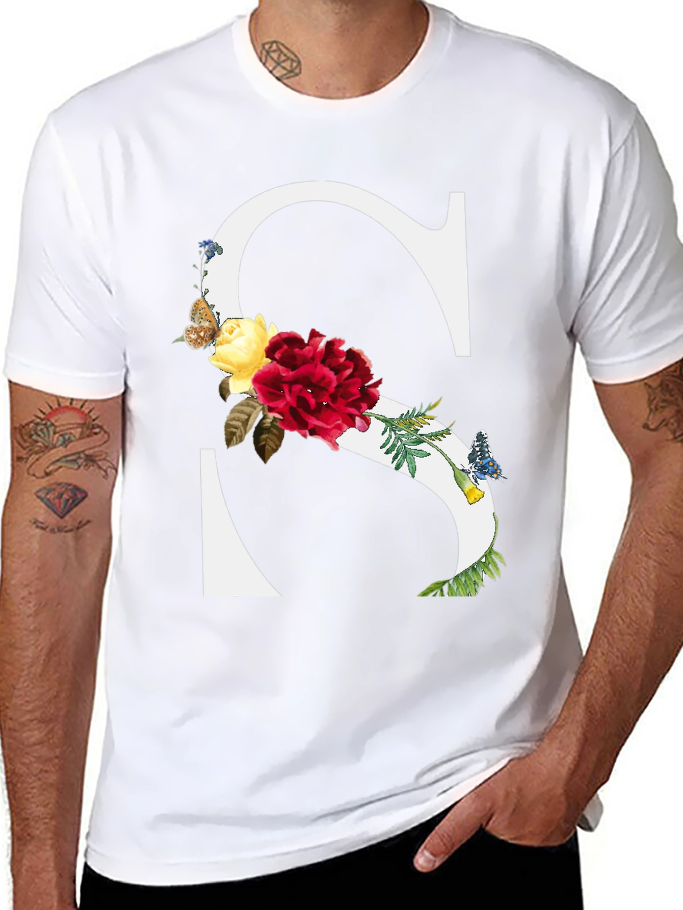 Floral Letter S Black T-Shirt