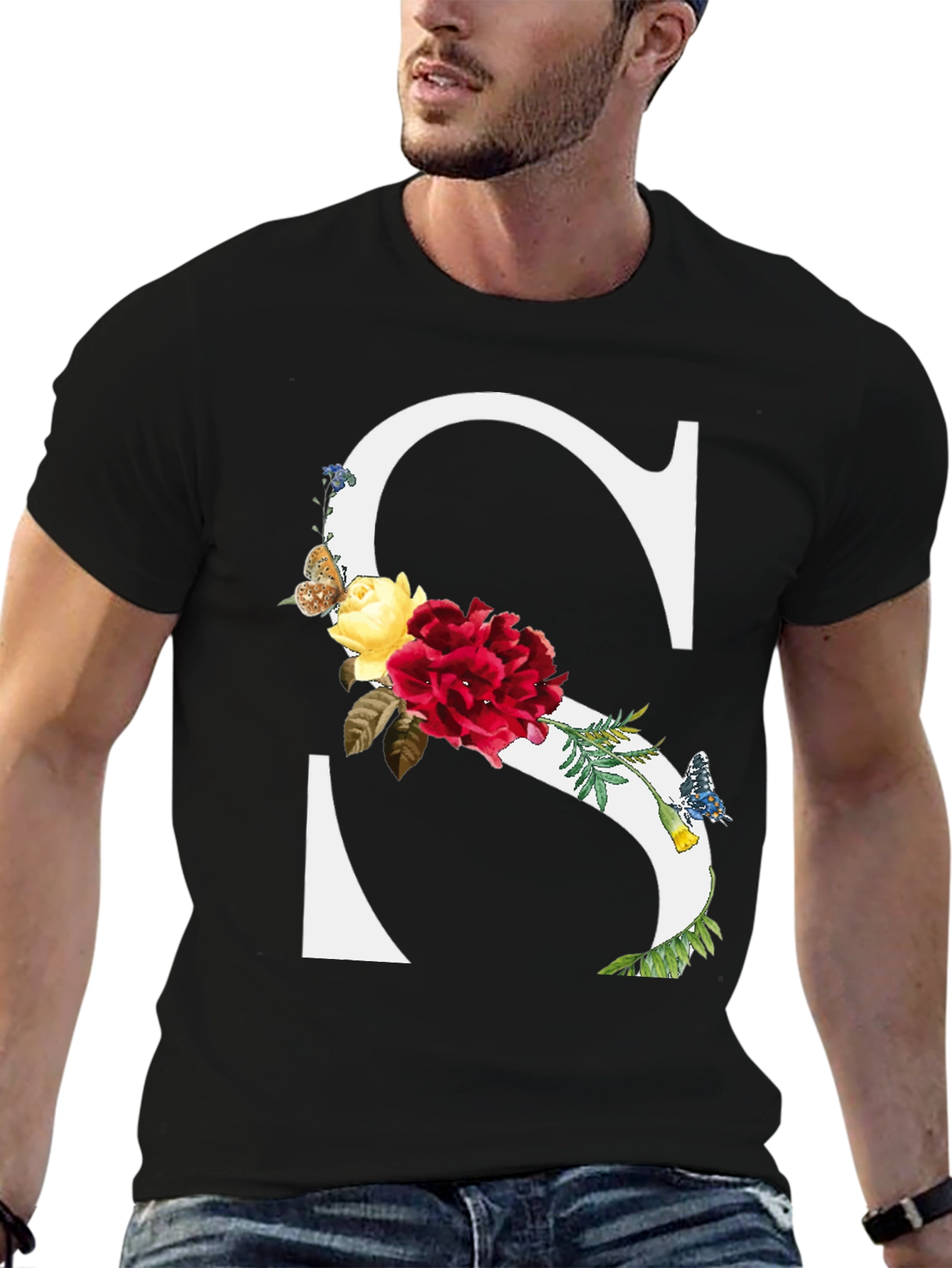 Floral Letter S Black T-Shirt
