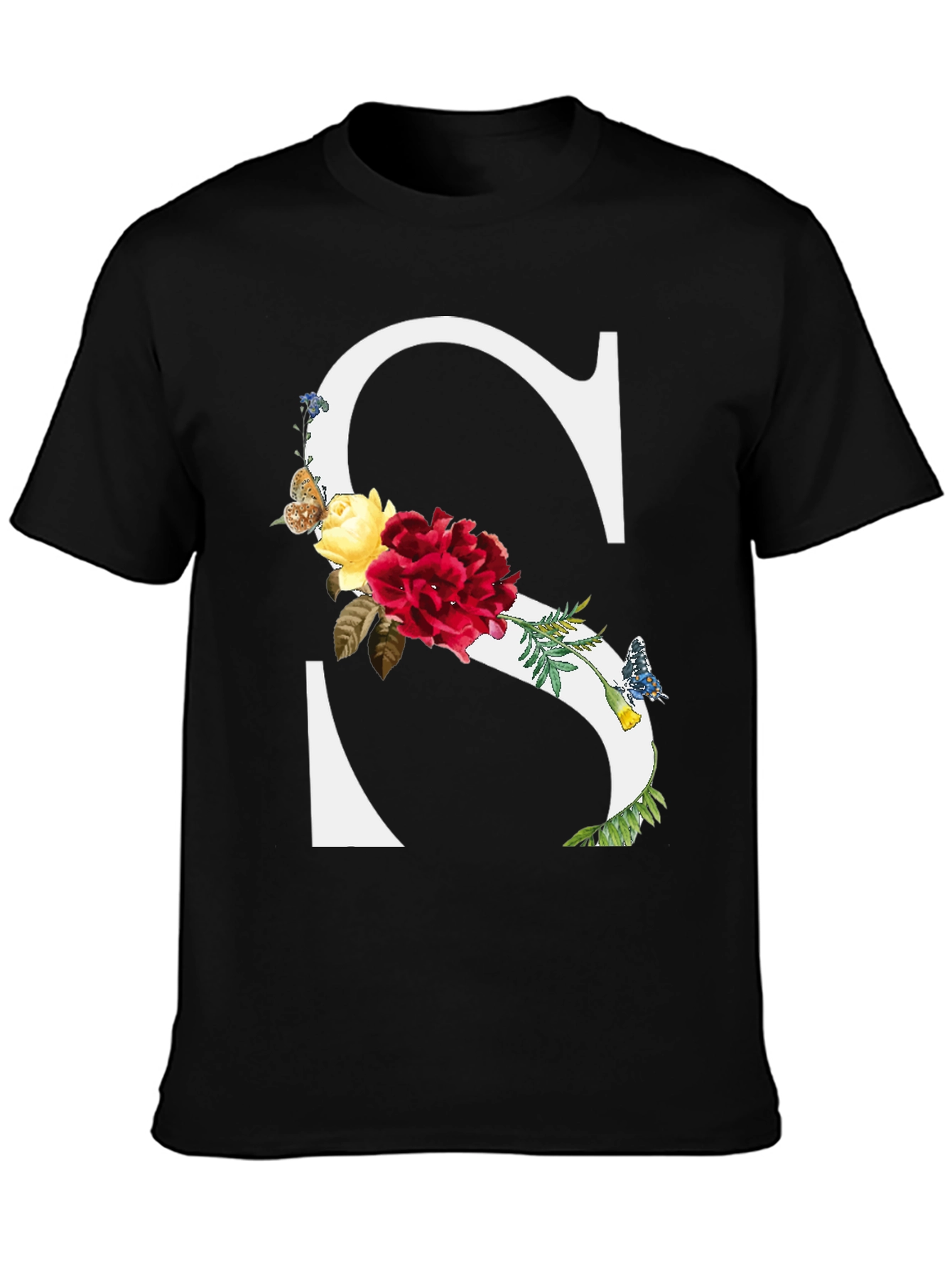 Floral Letter S Black T-Shirt