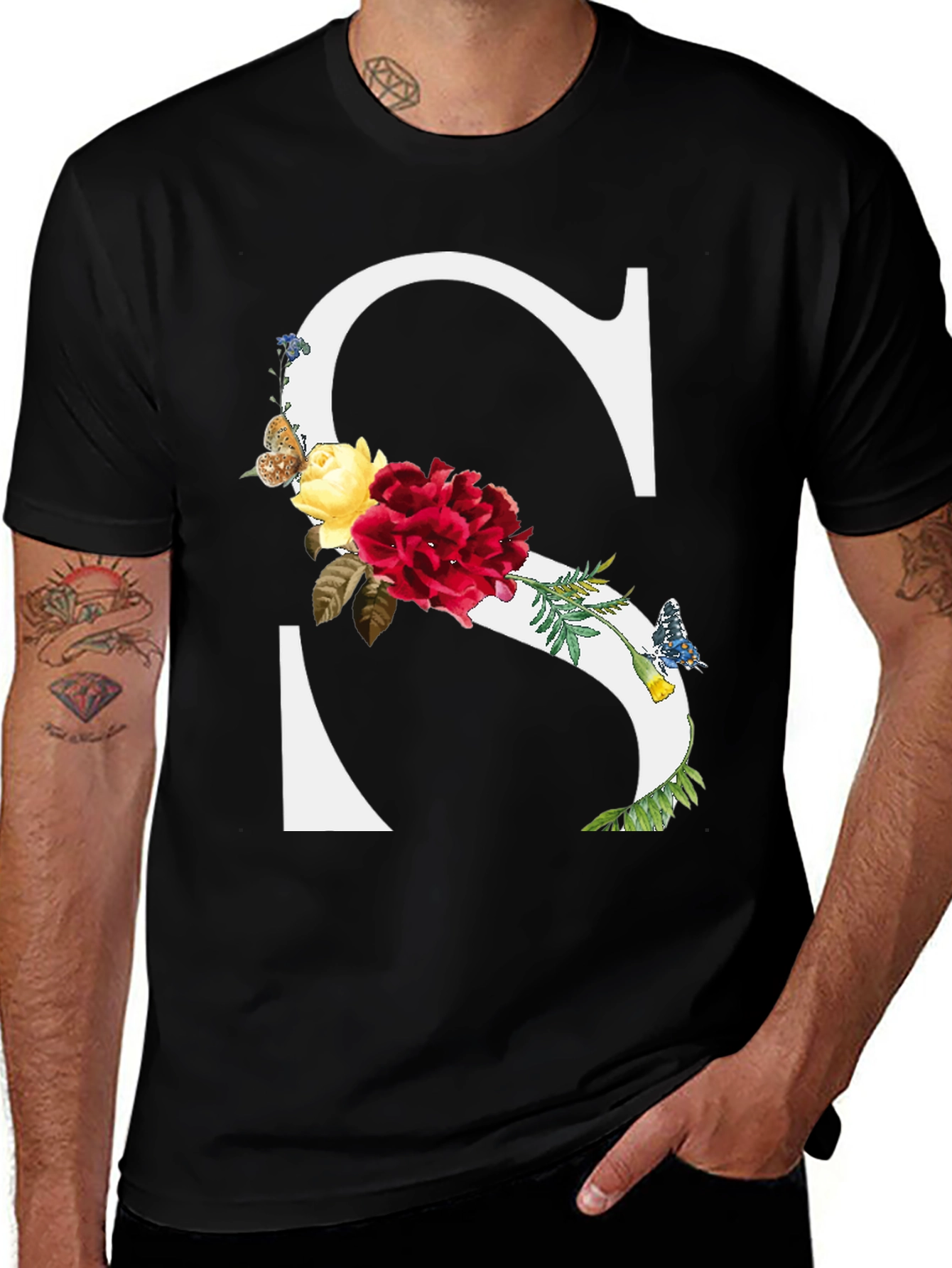 Floral Letter S Black T-Shirt