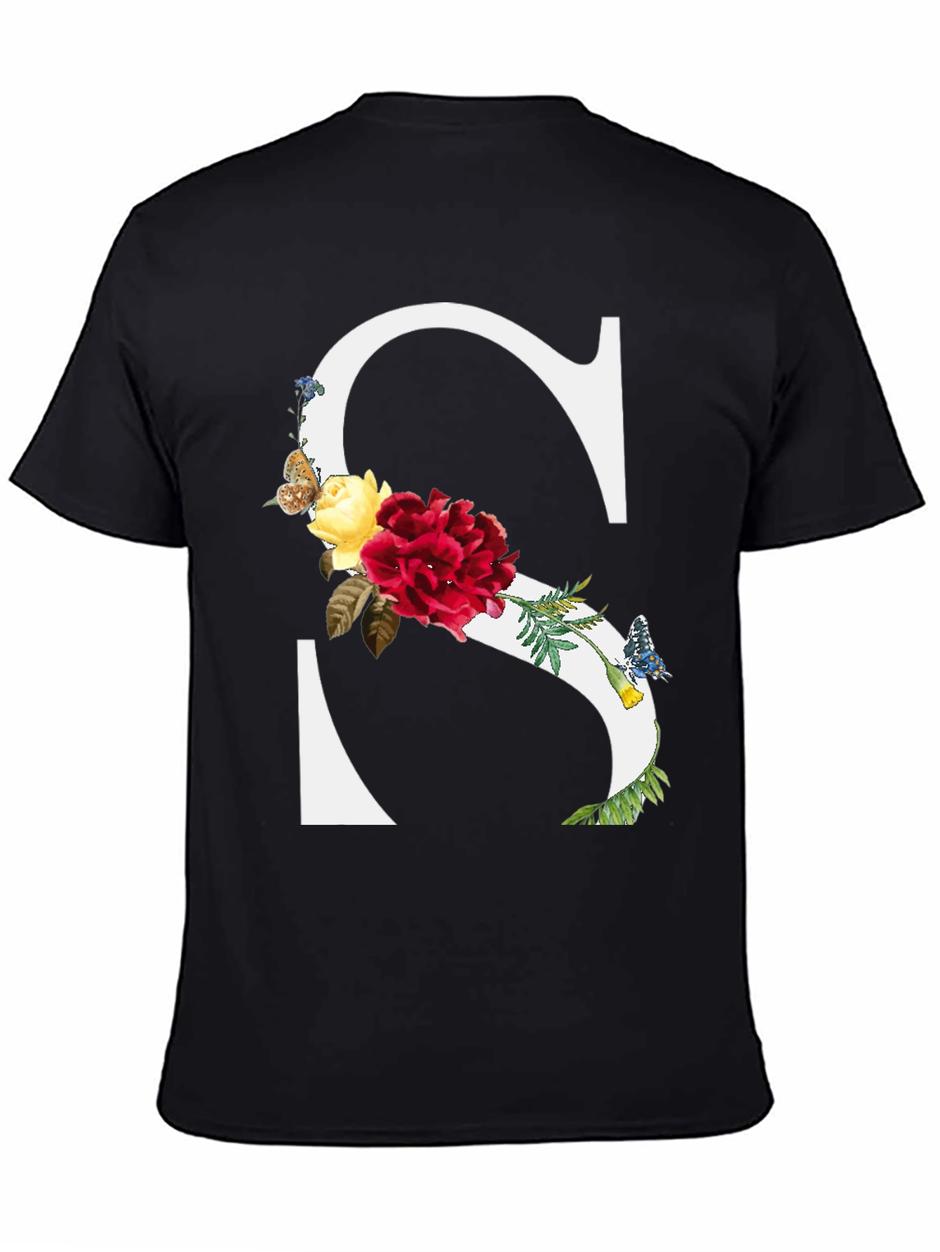 Floral Letter S Black T-Shirt