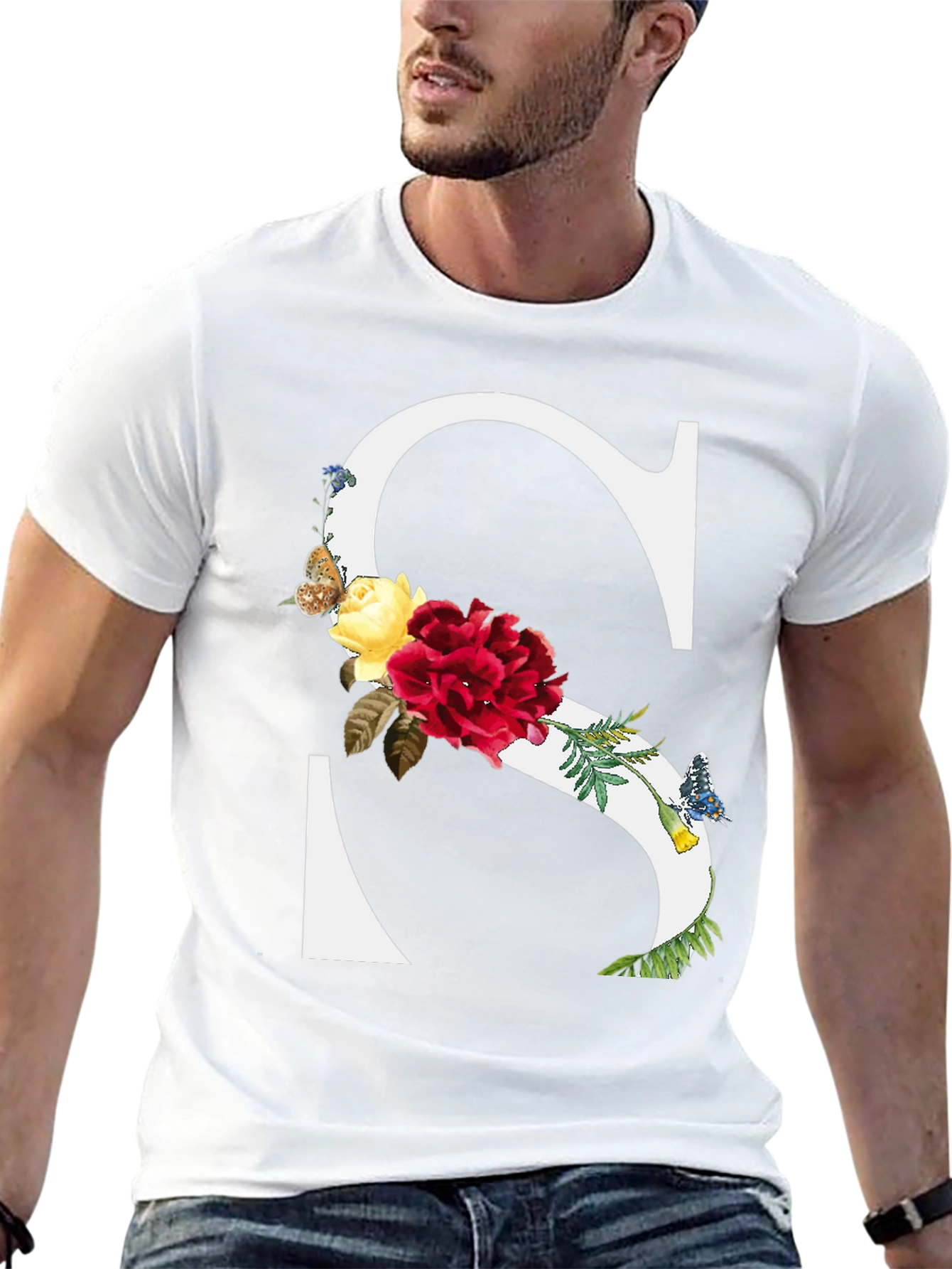Floral Letter S Black T-Shirt
