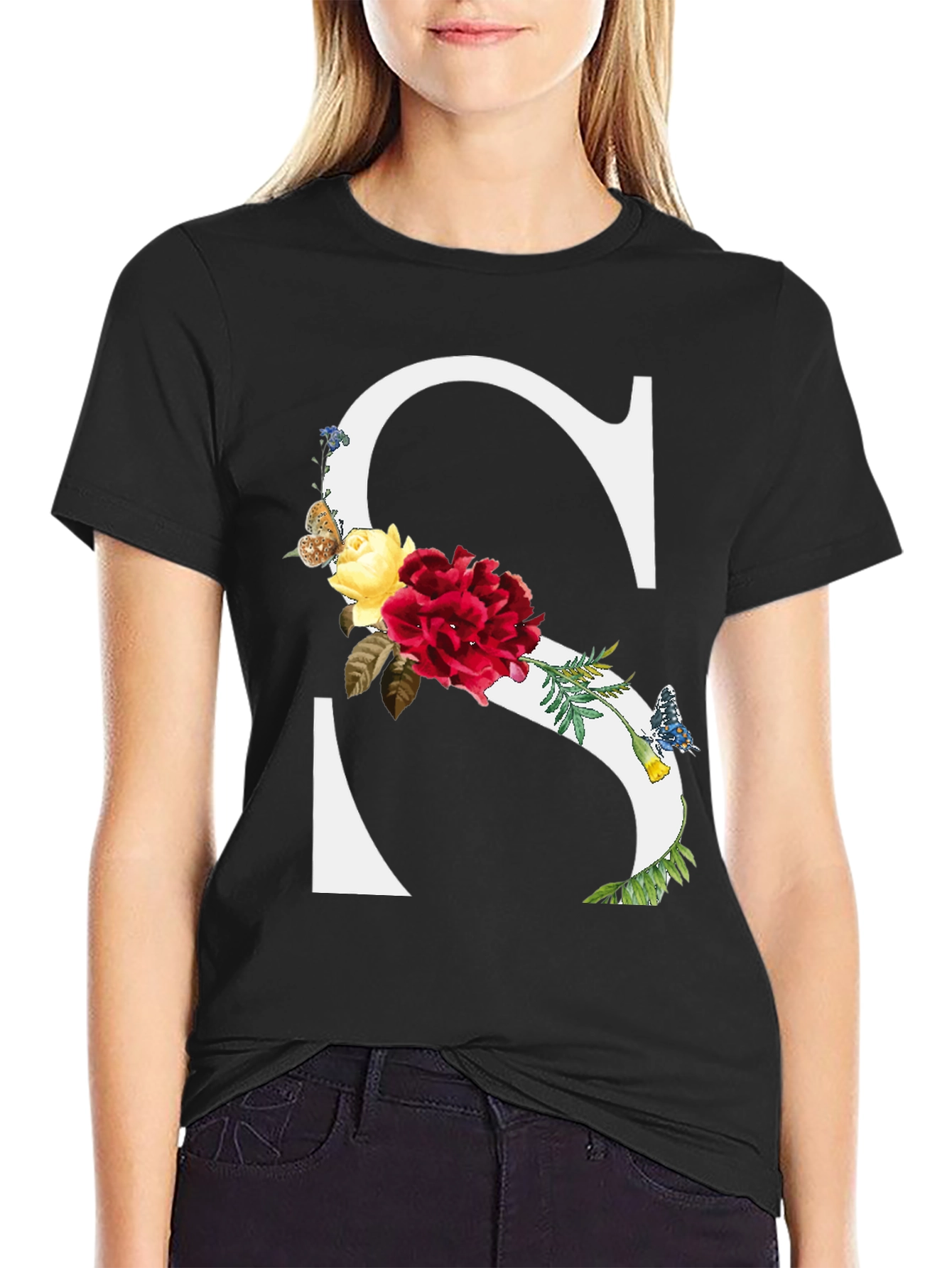 Floral Letter S Black T-Shirt