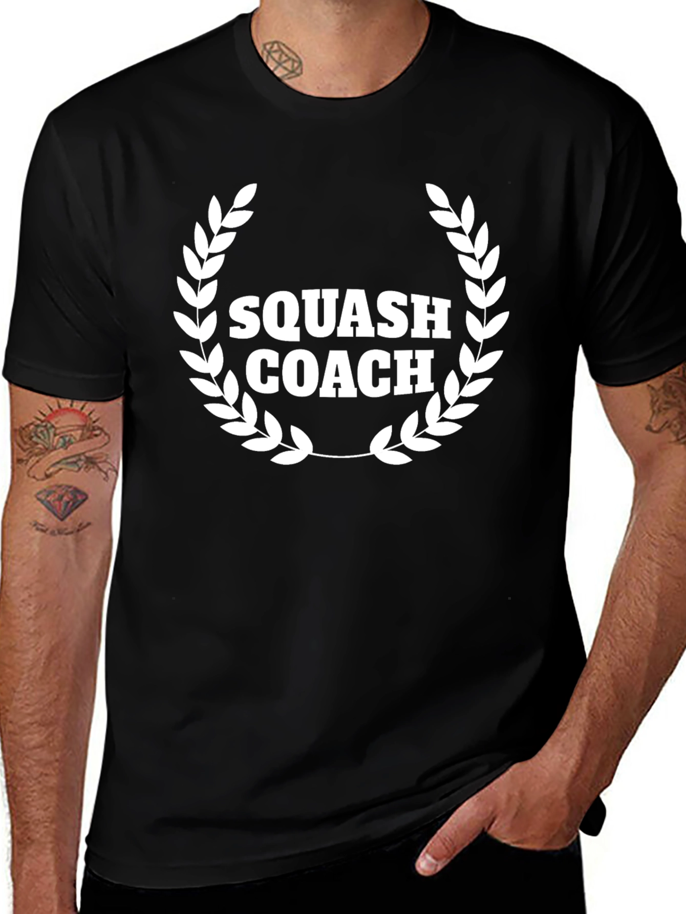 Squash Coach Black T-Shirt with Laurel Wreath Design
