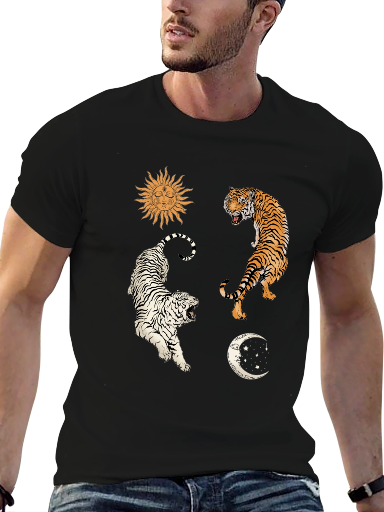 Celestial Tiger Graphic Tee - Mens Black Cotton Shirt