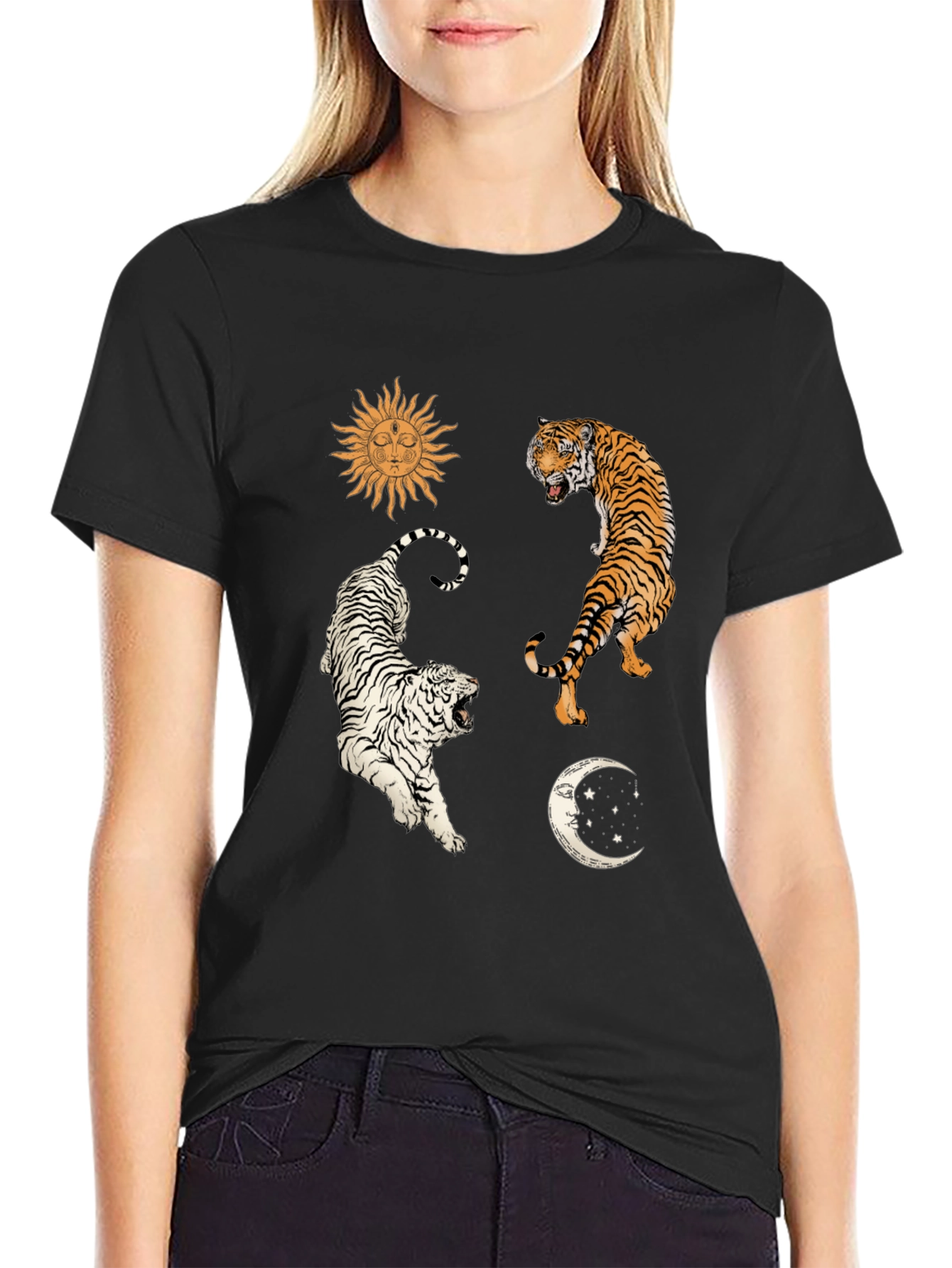 Celestial Tiger Graphic Tee - Mens Black Cotton Shirt