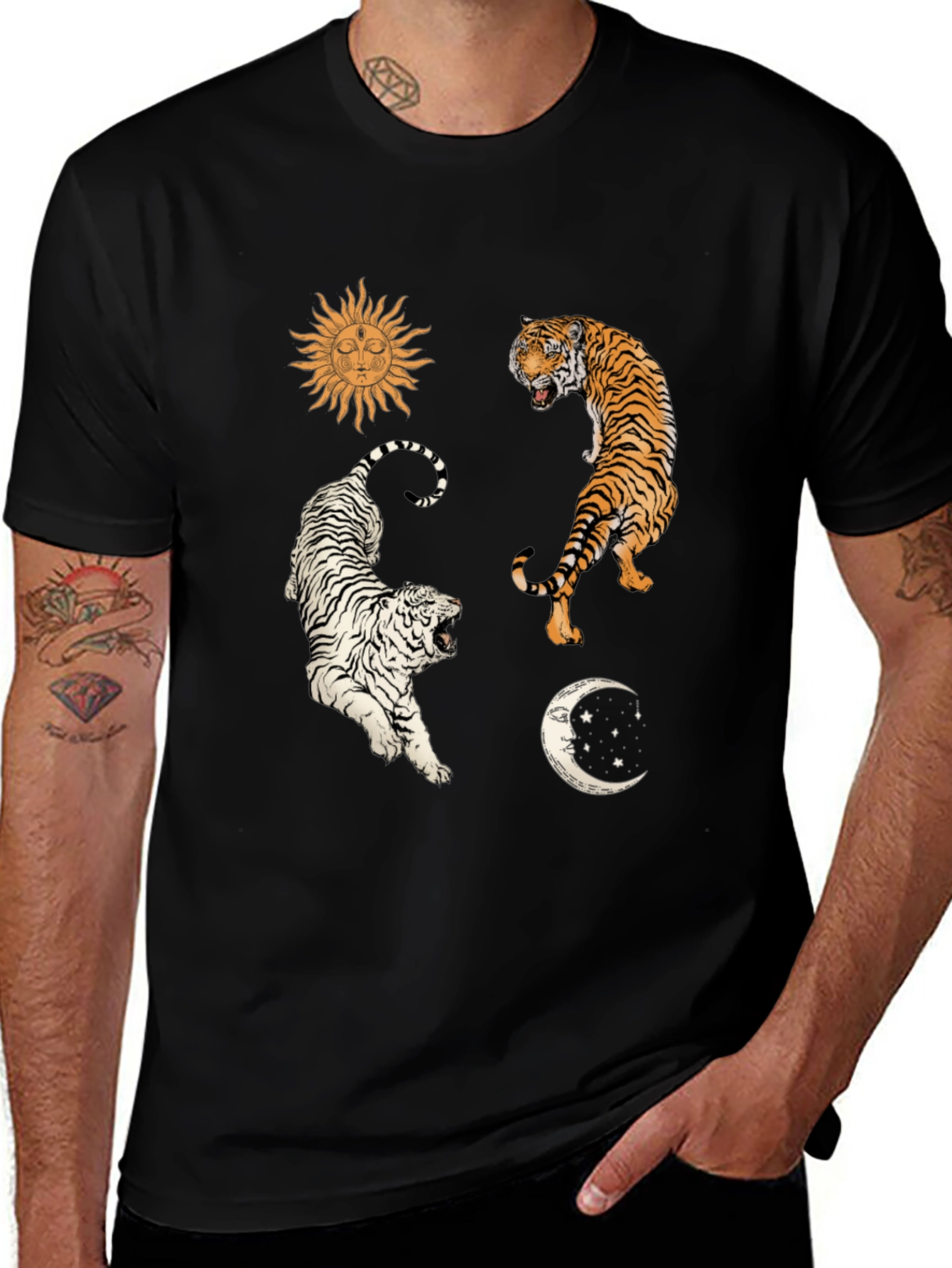 Celestial Tiger Graphic Tee - Mens Black Cotton Shirt
