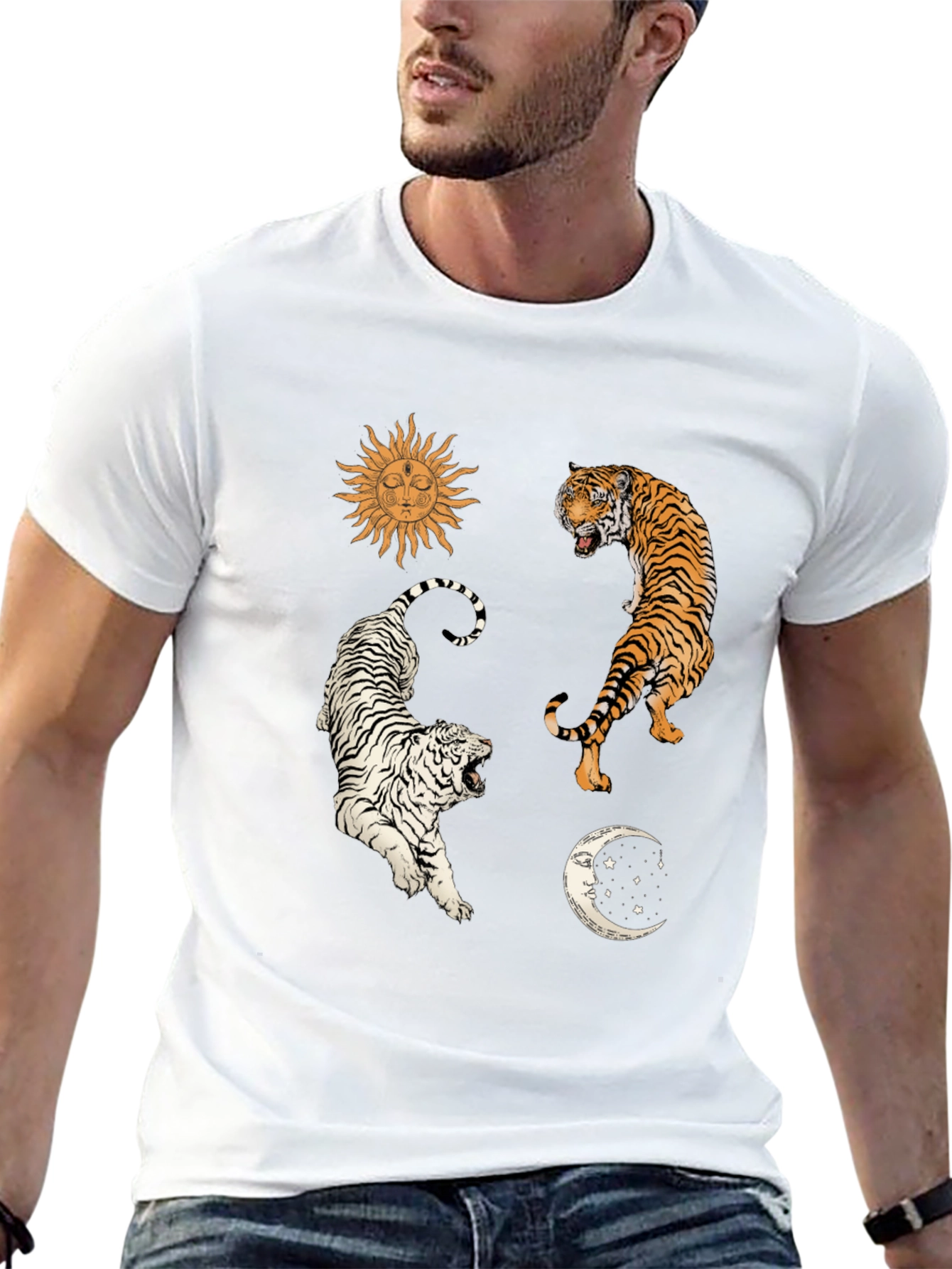 Celestial Tiger Graphic Tee - Mens Black Cotton Shirt