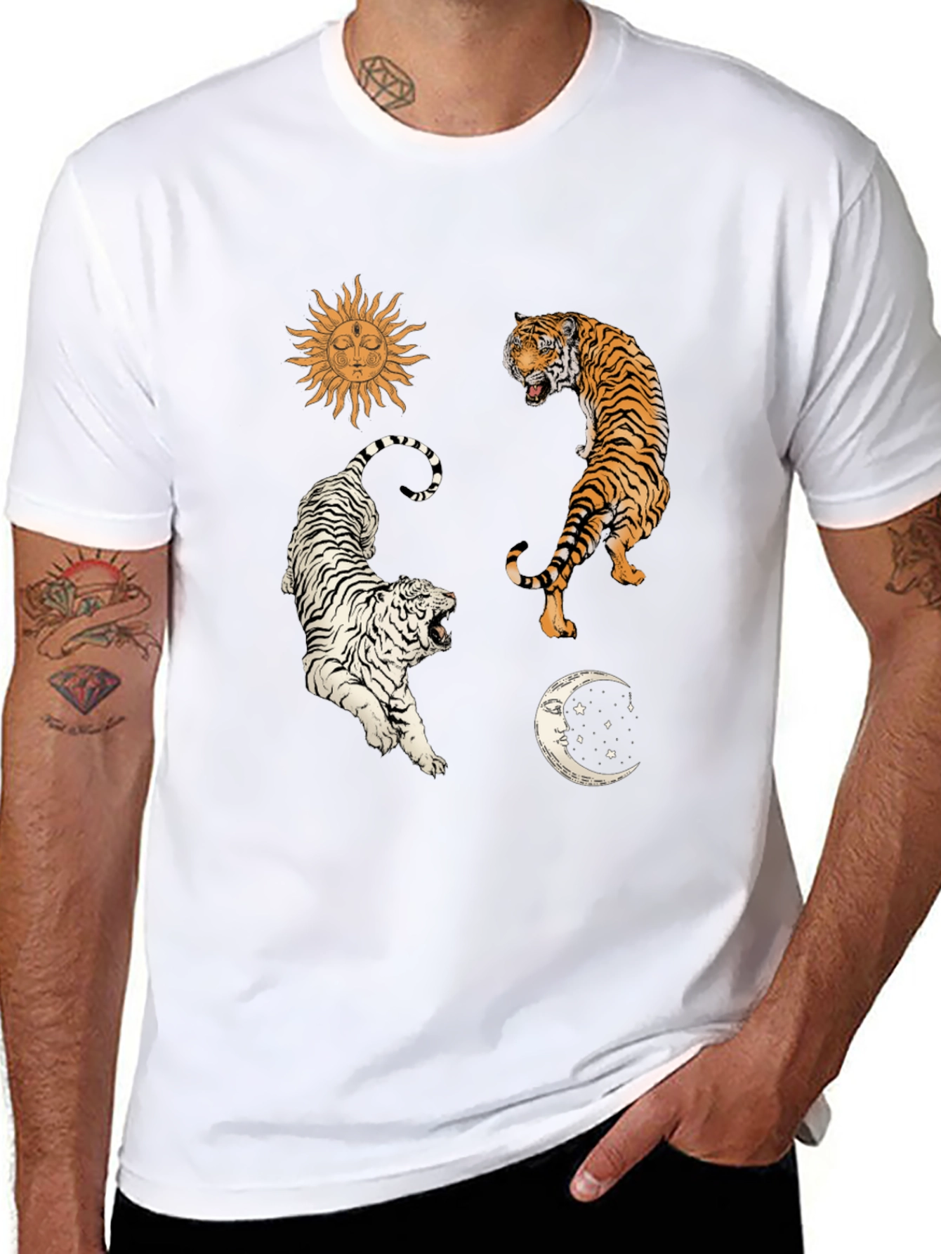 Celestial Tiger Graphic Tee - Mens Black Cotton Shirt