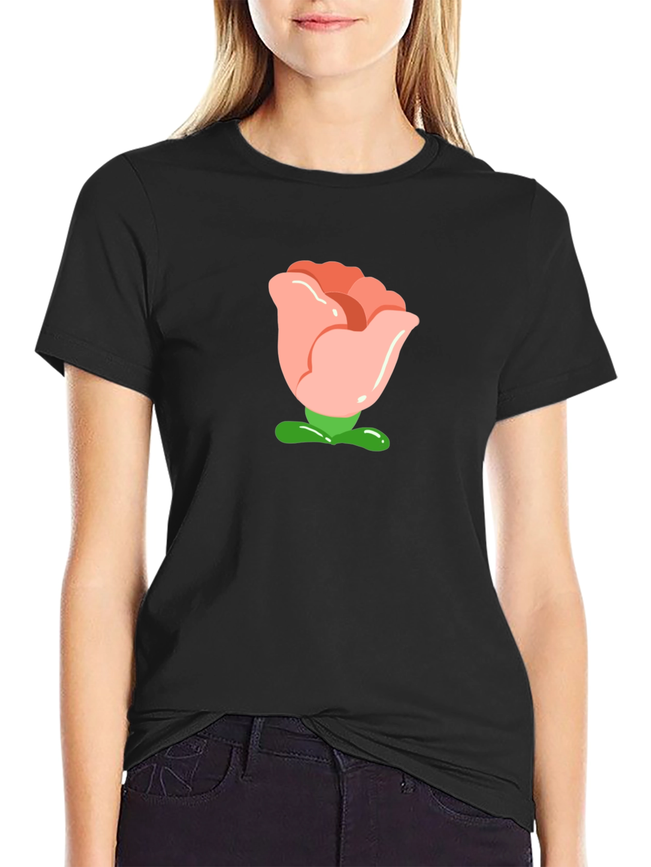 Cartoon Rose Graphic Tee - Black