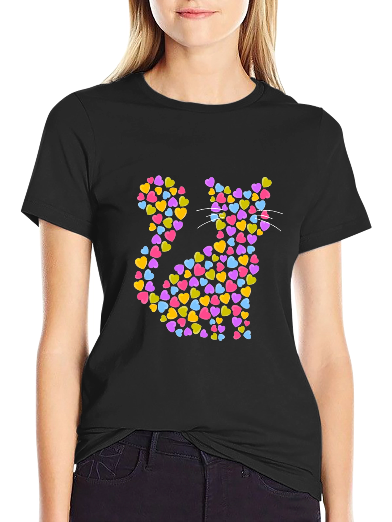 Heart Cat Graphic Tee - Black Unisex T-Shirt
