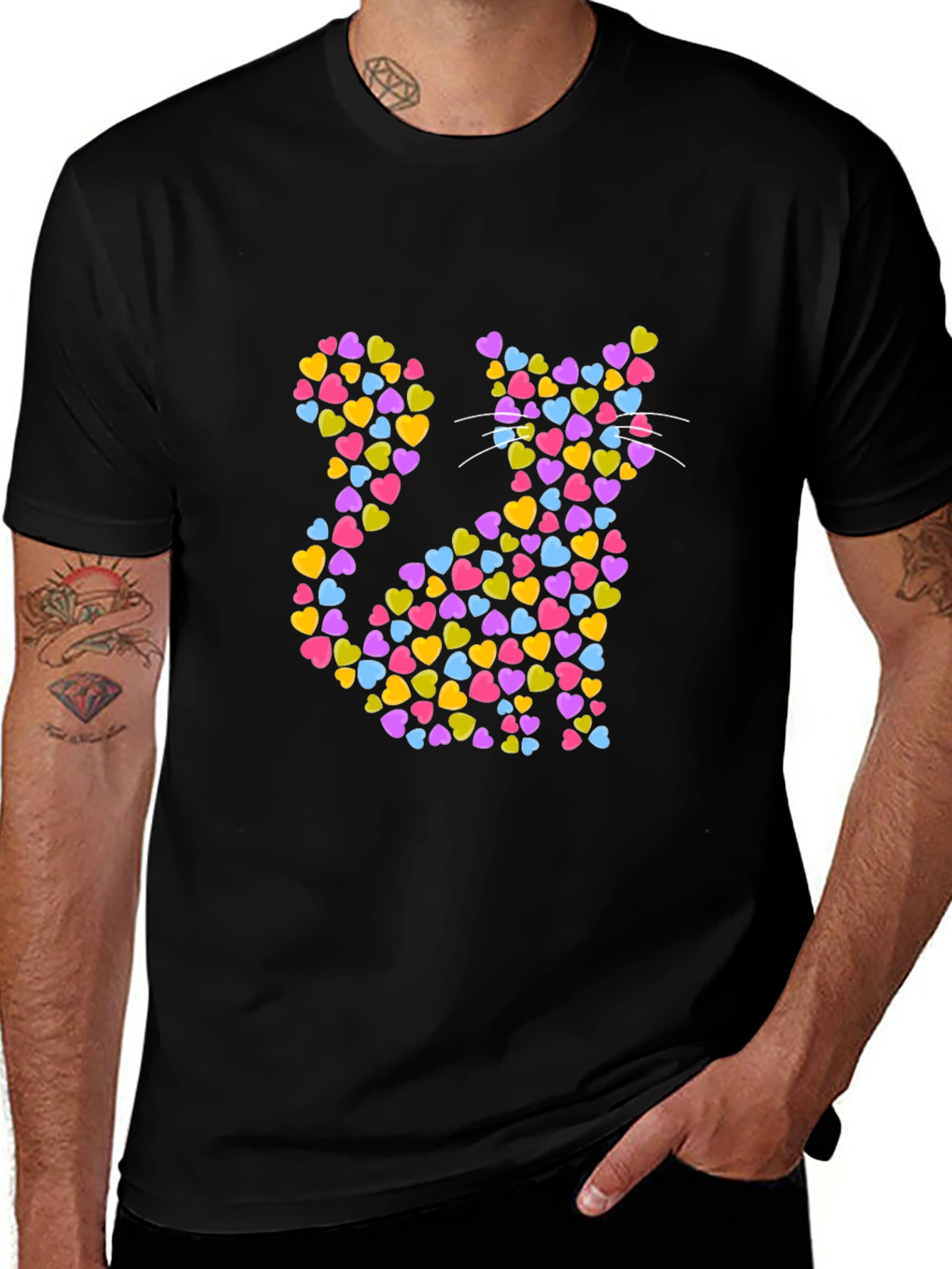 Heart Cat Graphic Tee - Black Unisex T-Shirt