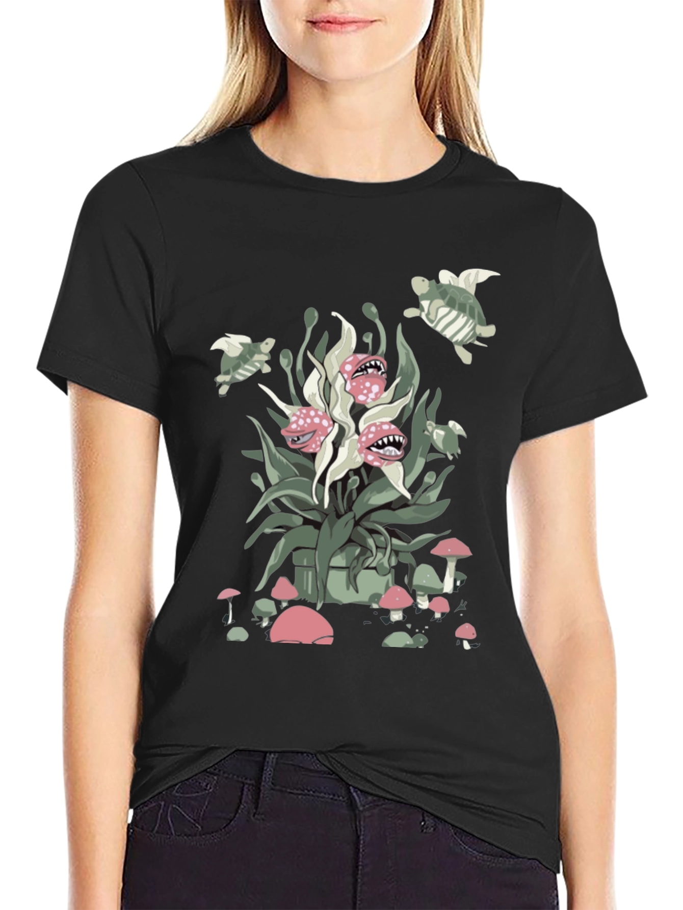 Whimsical Plant & Turtle Graphic Tee