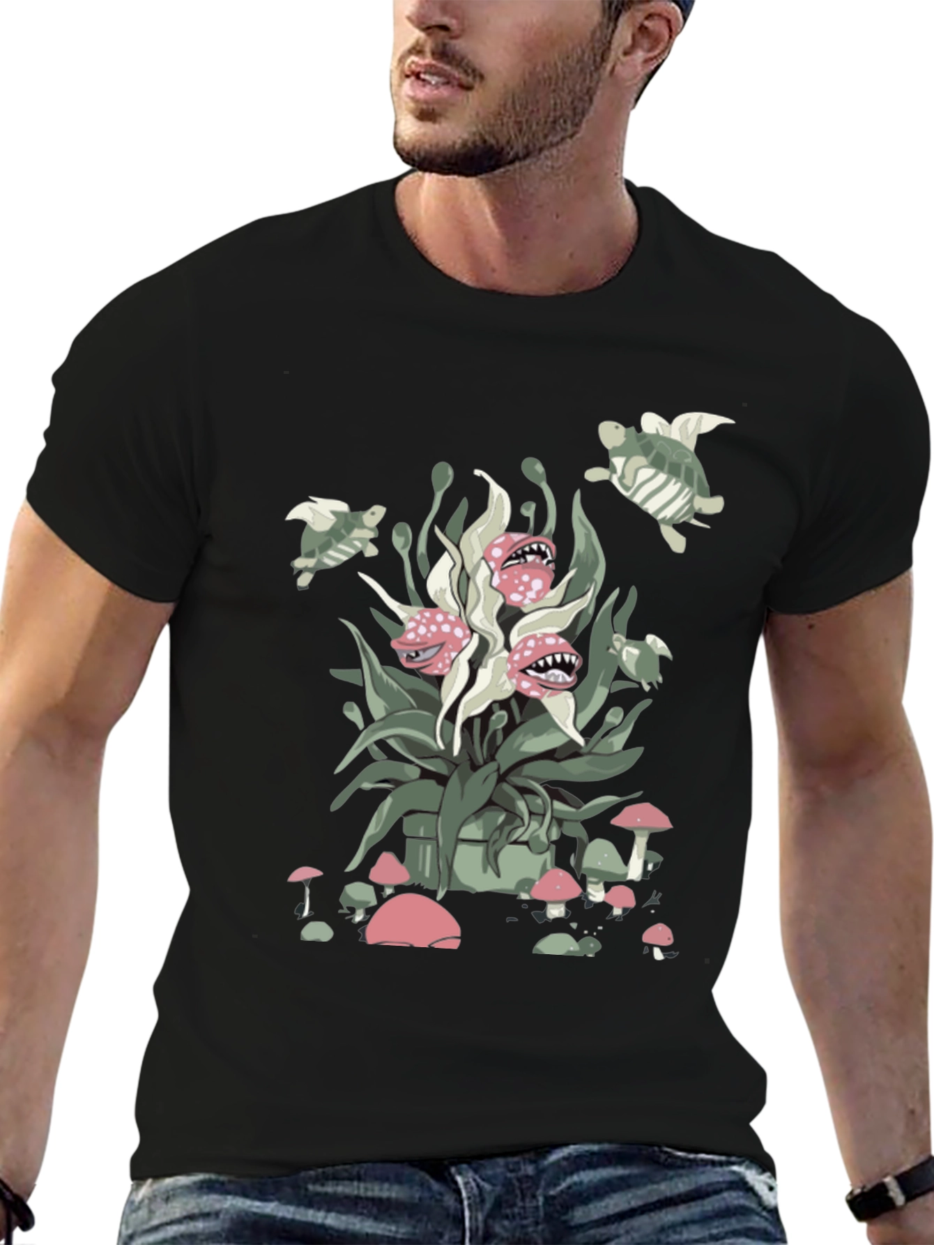 Whimsical Plant & Turtle Graphic Tee
