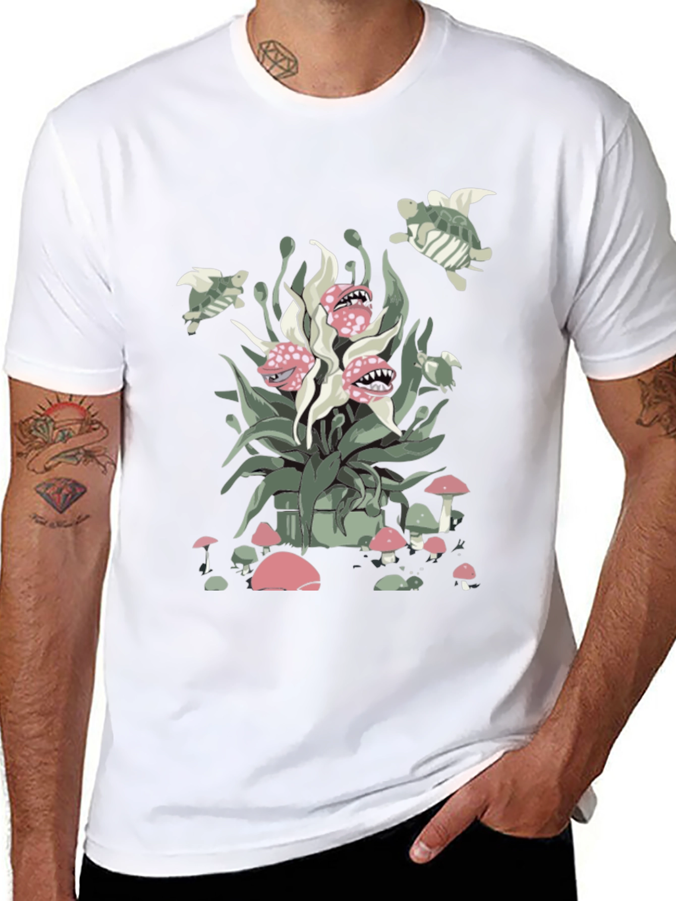 Whimsical Plant & Turtle Graphic Tee