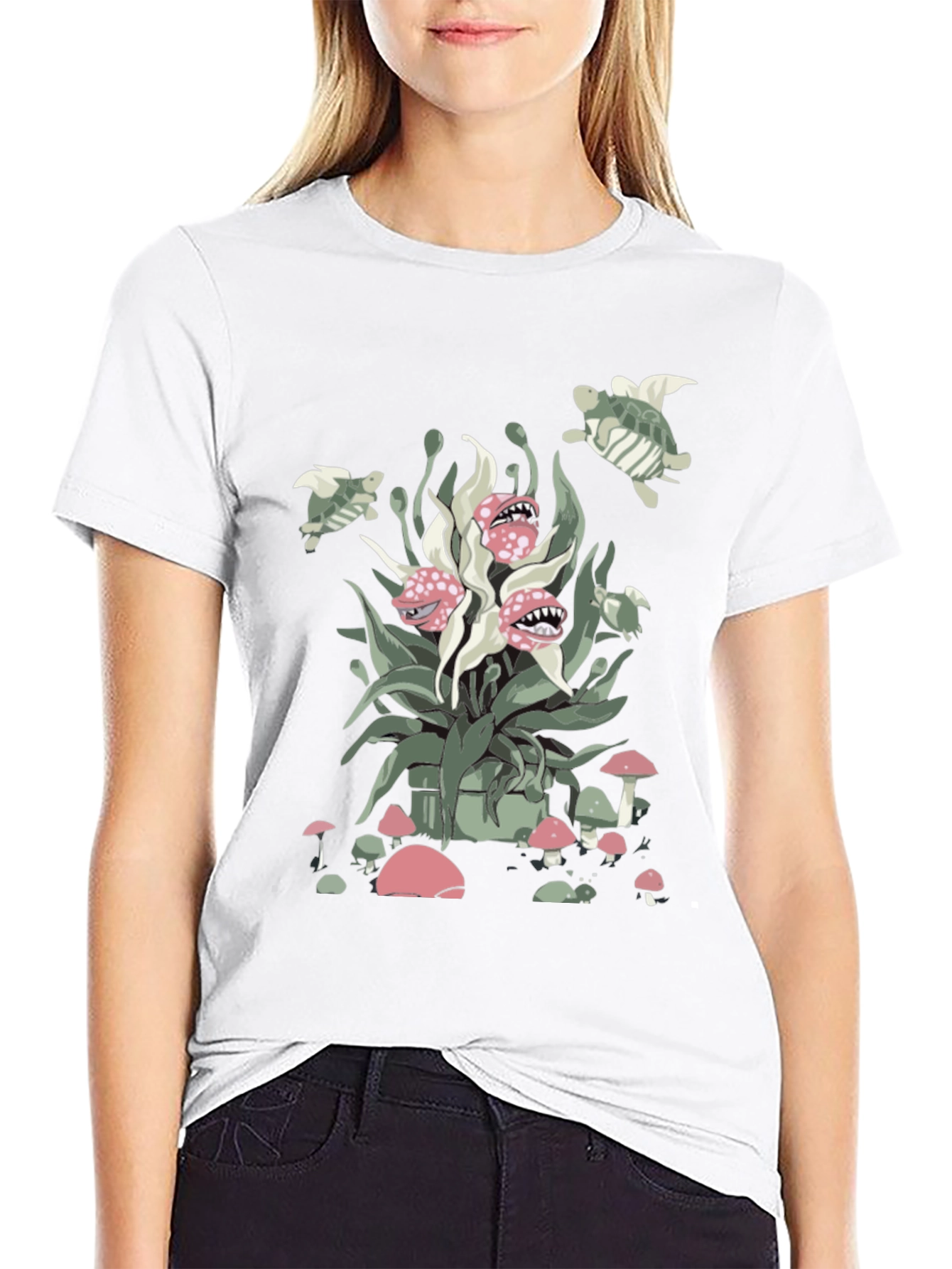 Whimsical Plant & Turtle Graphic Tee