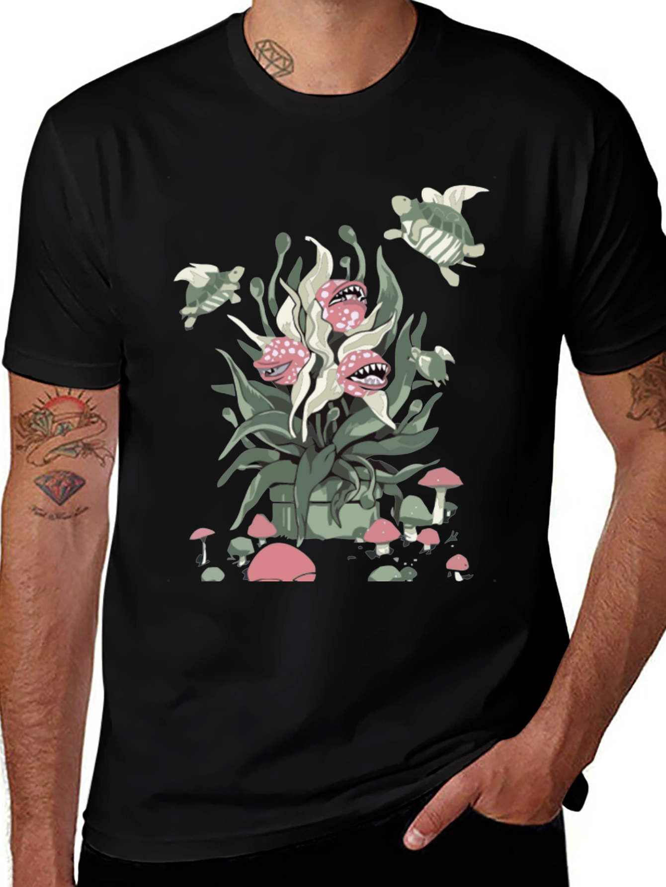 Whimsical Plant & Turtle Graphic Tee